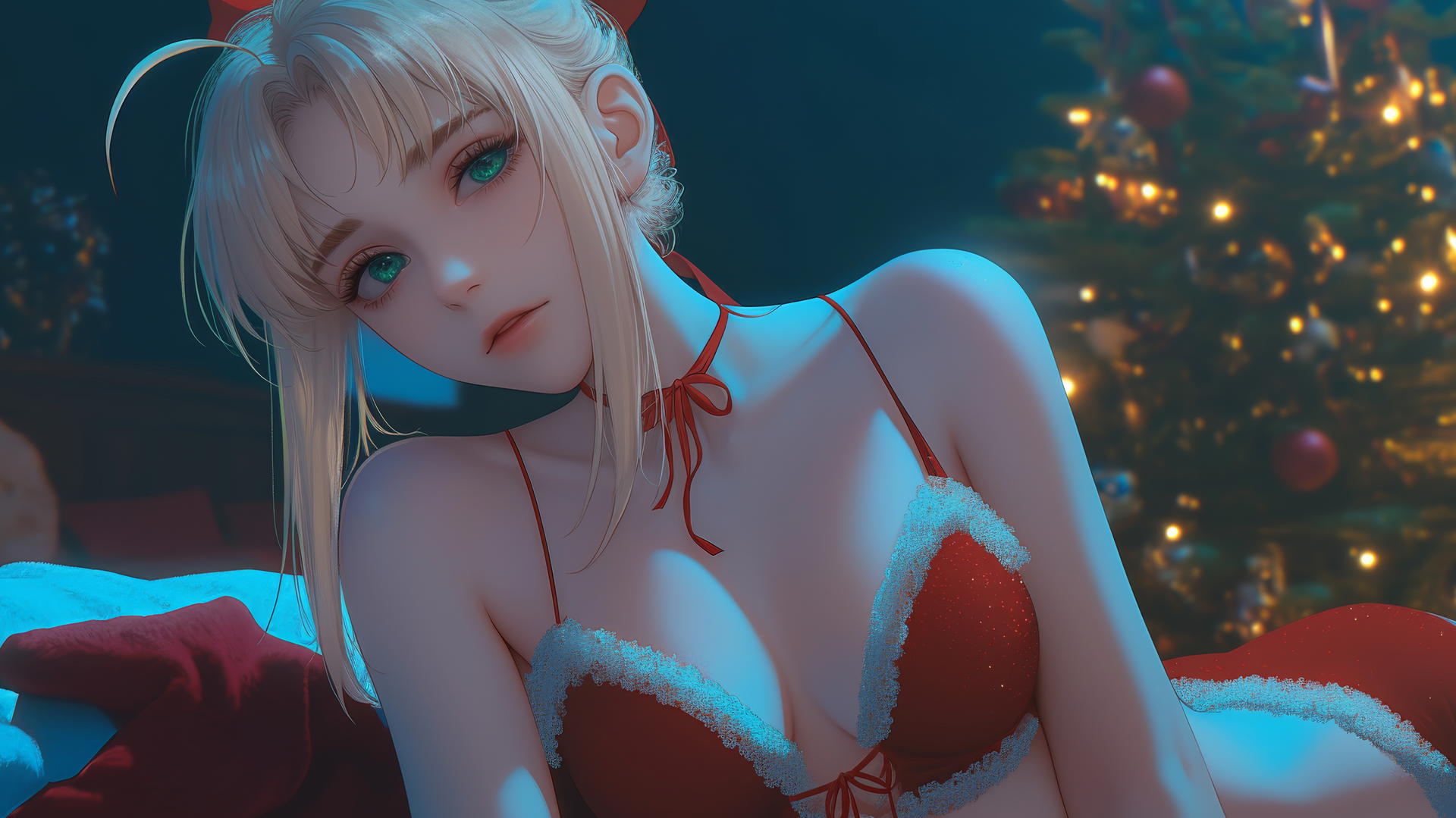 Saber from Fate Zero in red Christmas attire, kneeling and leaning forward with green eyes and ceiling background