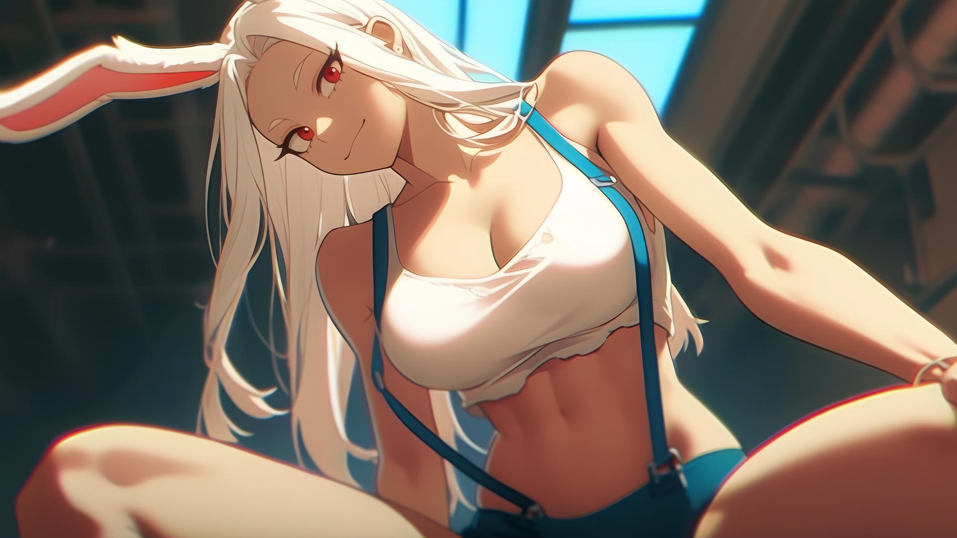 Mirko from My Hero Academia in a worn-out t-shirt, kneeling and leaning forward, with long white hair and rabbit features