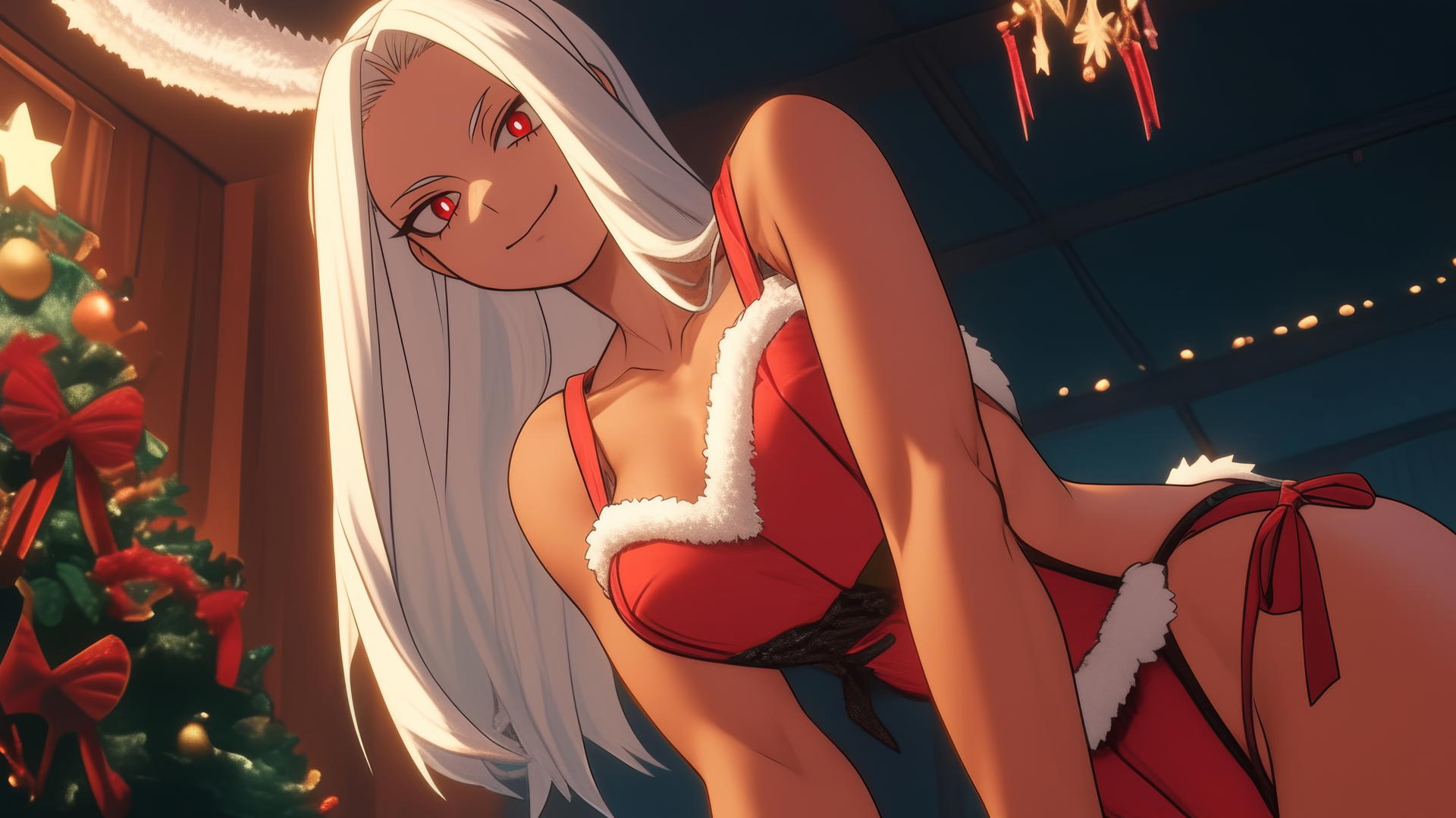 Mirko from My Hero Academia in Christmas attire, kneeling and leaning forward with rabbit features and warm lighting.