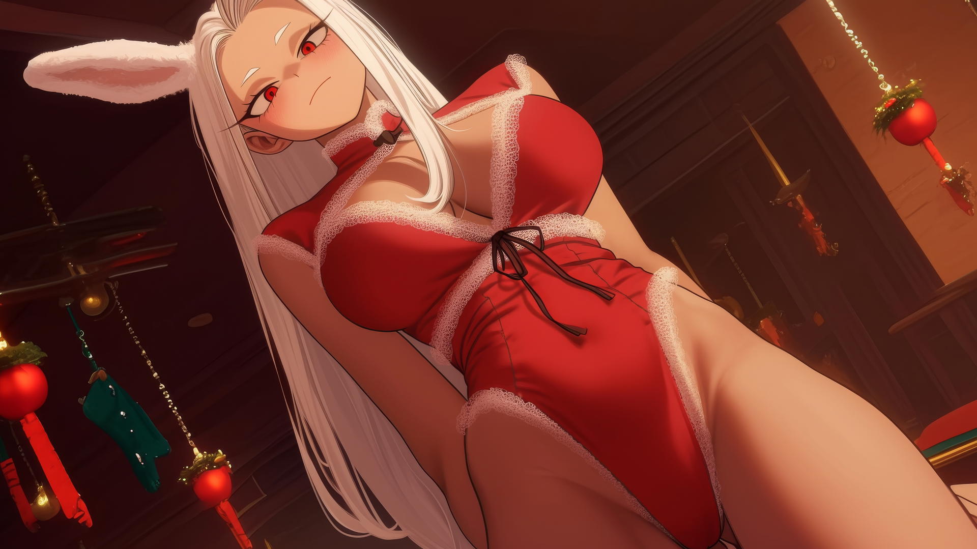 Mirko from My Hero Academia in Christmas attire, kneeling, with white hair and rabbit ears.