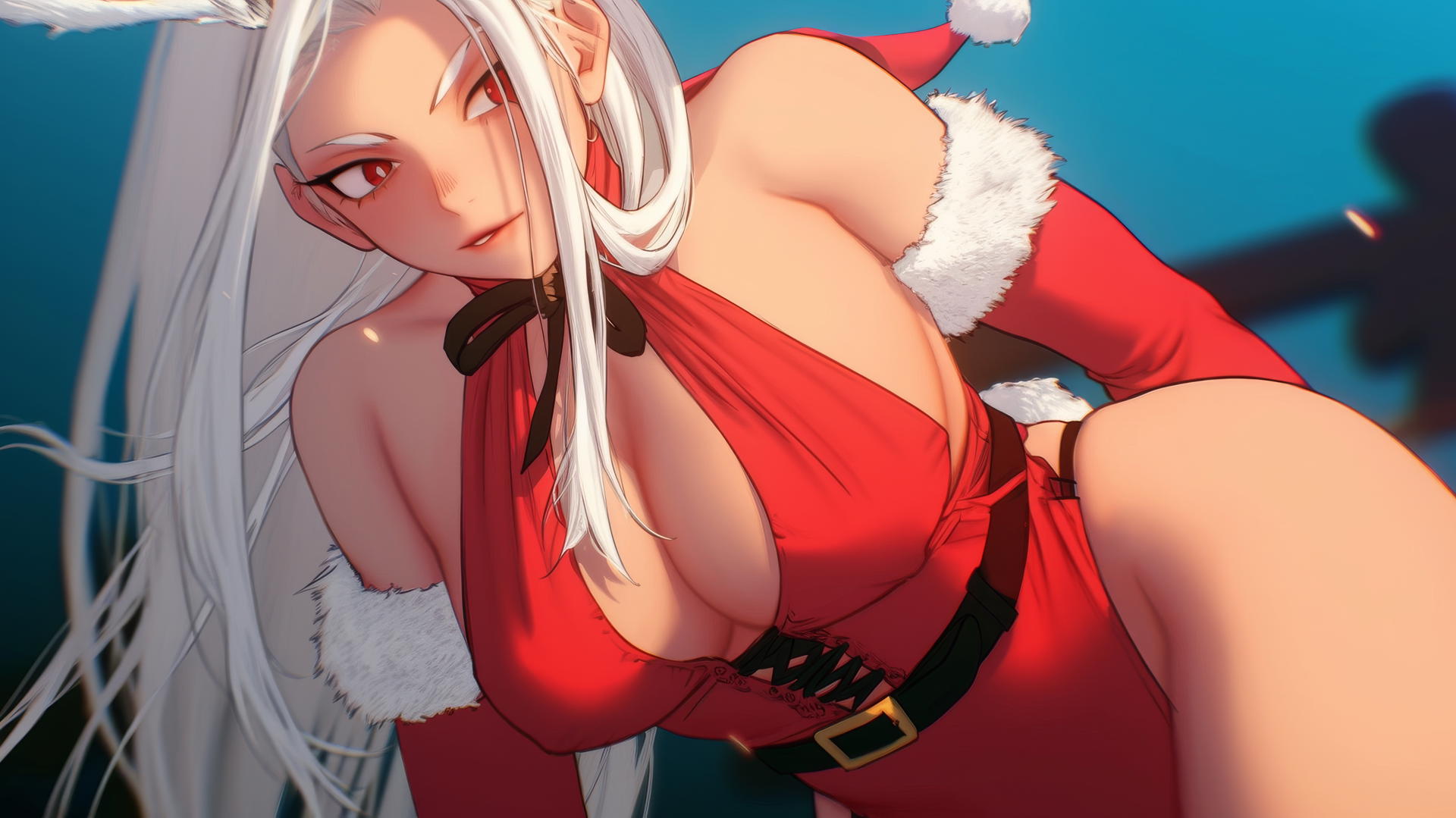 Mirko from My Hero Academia in Christmas red, kneeling and leaning, seen from below, with rabbit ears and warm light.