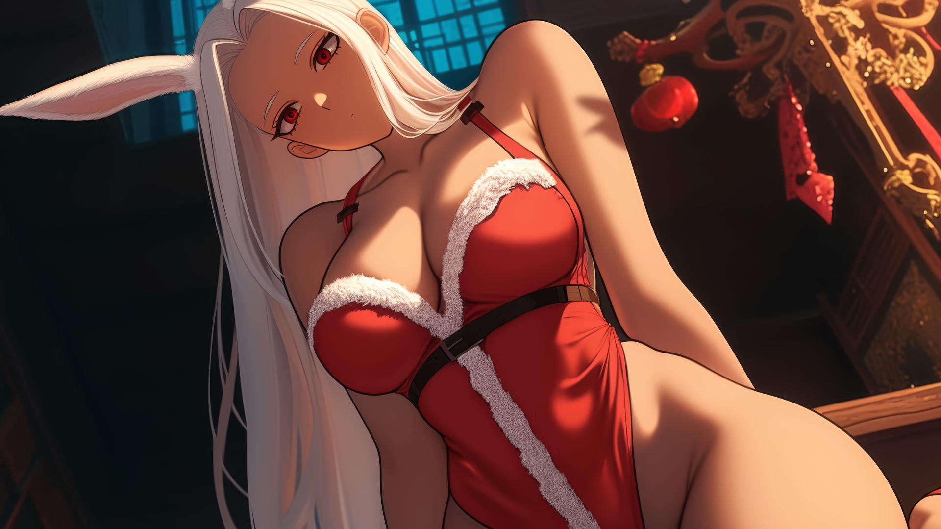 Mirko from My Hero Academia in Christmas attire, kneeling and leaning forward, under warm light.