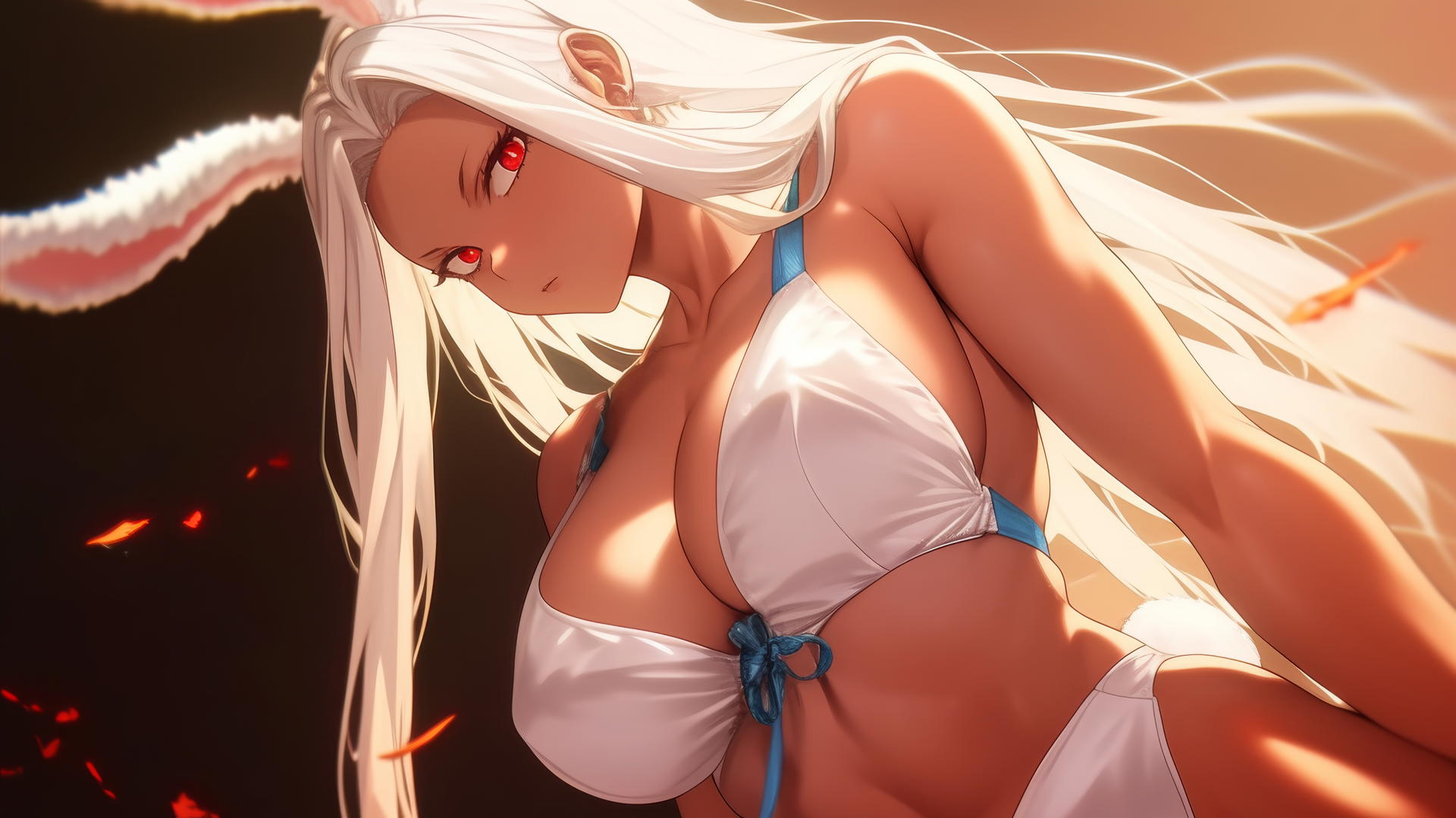 Mirko from My Hero Academia in a wedding dress, kneeling, looking down, white hair, rabbit ears.