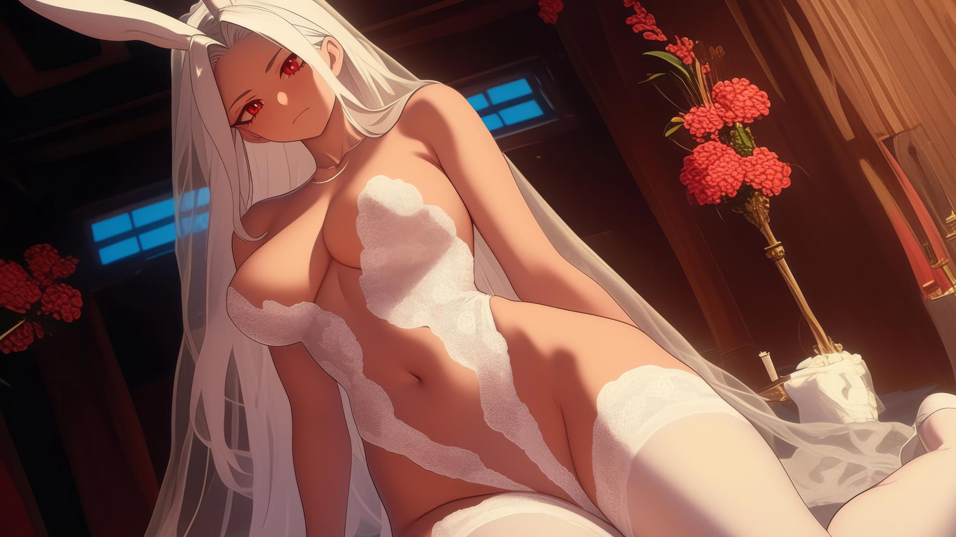 Tan-skinned Mirko from My Hero Academia in a wedding dress, kneeling and leaning forward, with long white hair, red eyes, and rabbit features.