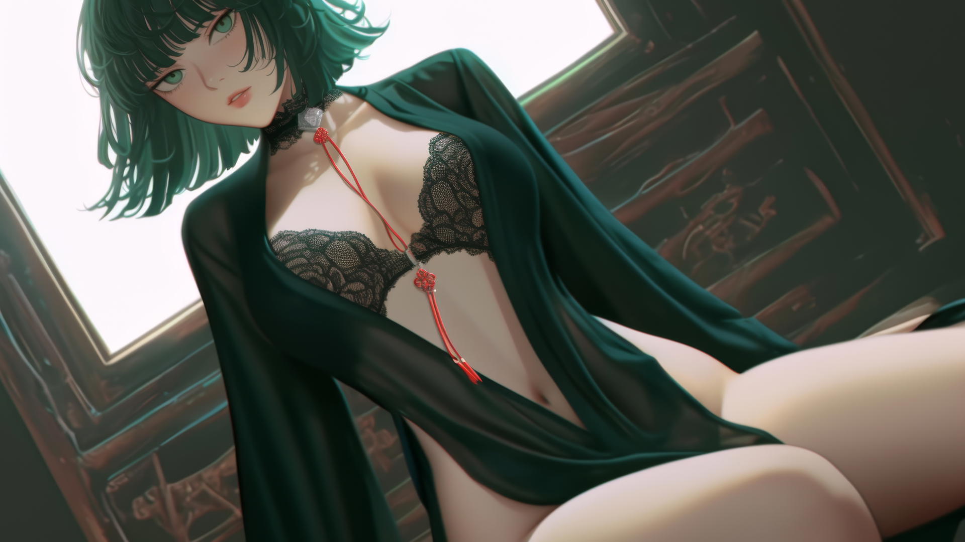 Fubuki from One Punch Man in fancy kimono, kneeling, looking down, warm light glow