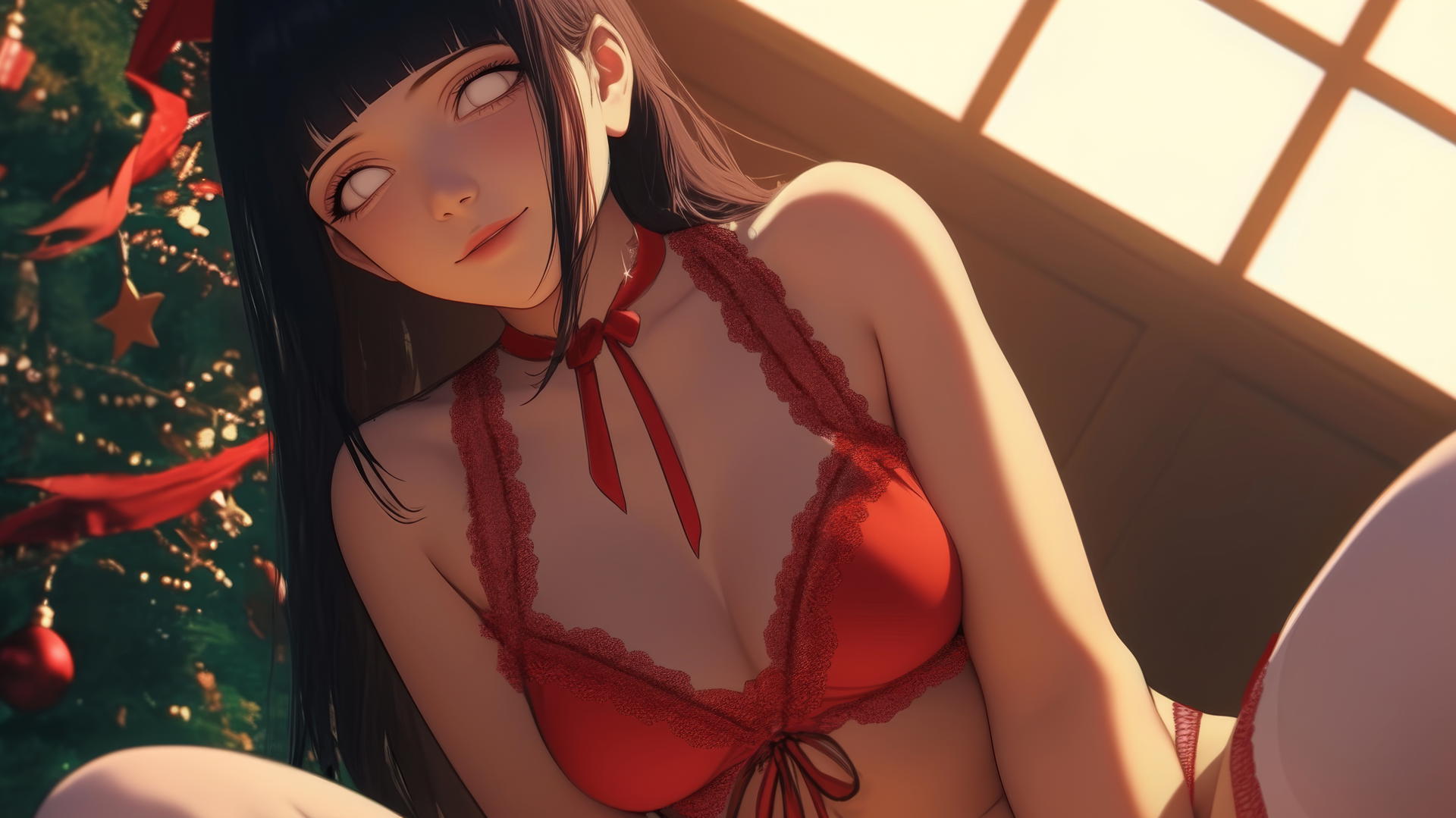 Hinata Hyuga in Christmas red, kneeling, looking down with white eyes in warm light