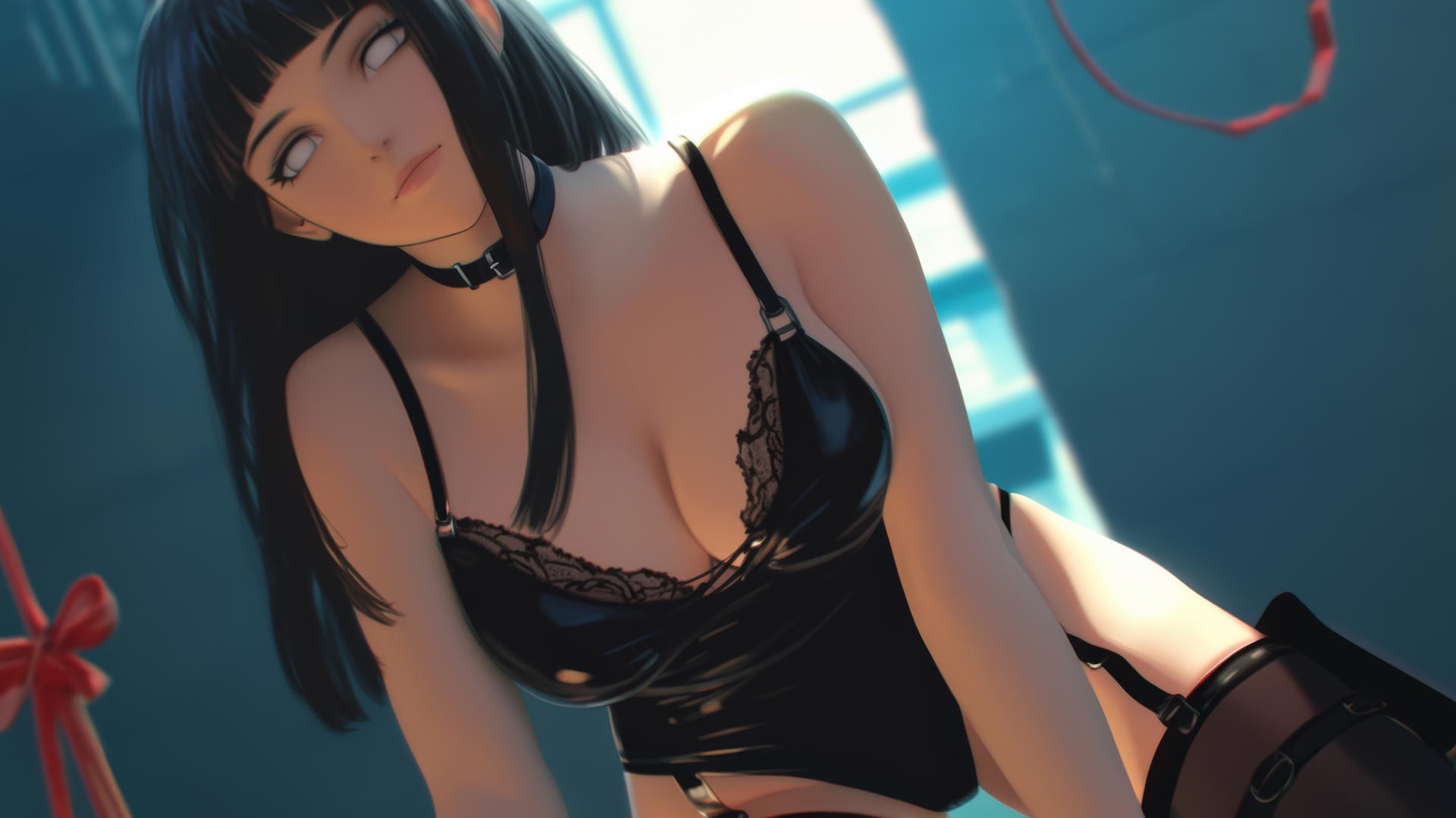 Hinata Hyuga kneeling and leaning forward, warm light on muscular figure, white eyes, ceiling background