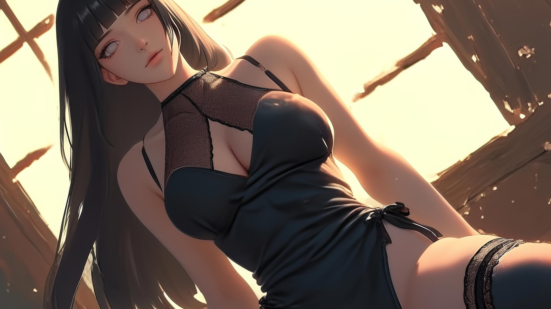 Hinata Hyuga kneeling and leaning forward with glowing white eyes, seen from below.