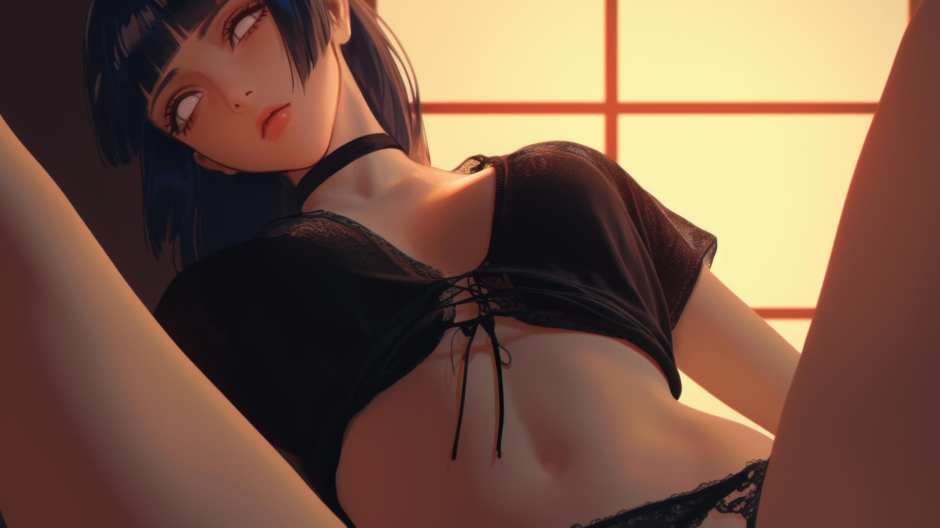 Hinata Hyuga kneeling, looking down with white eyes, warm glow