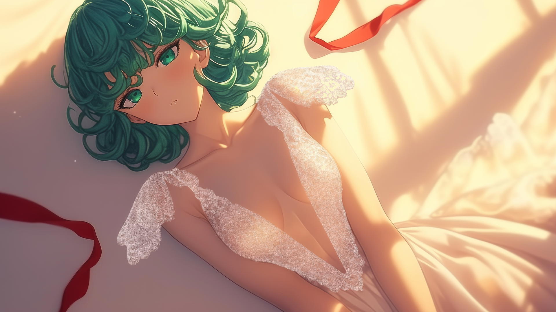 Tatsumaki in a wedding dress, kneeling, with green hair and emerald eyes, seen from below.