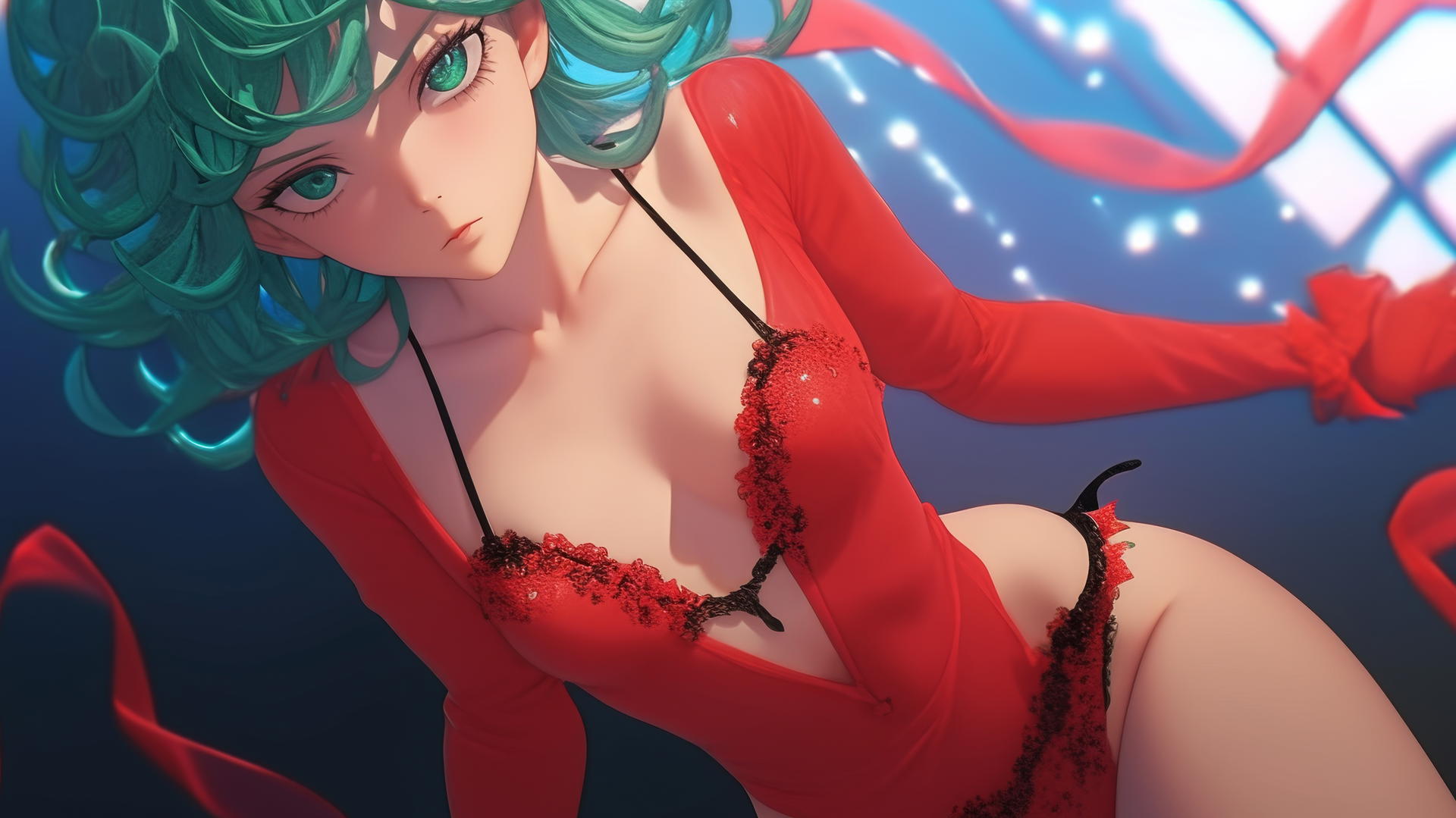 Tatsumaki from One-Punch Man in a red Christmas outfit, kneeling and leaning forward with green eyes and hair.