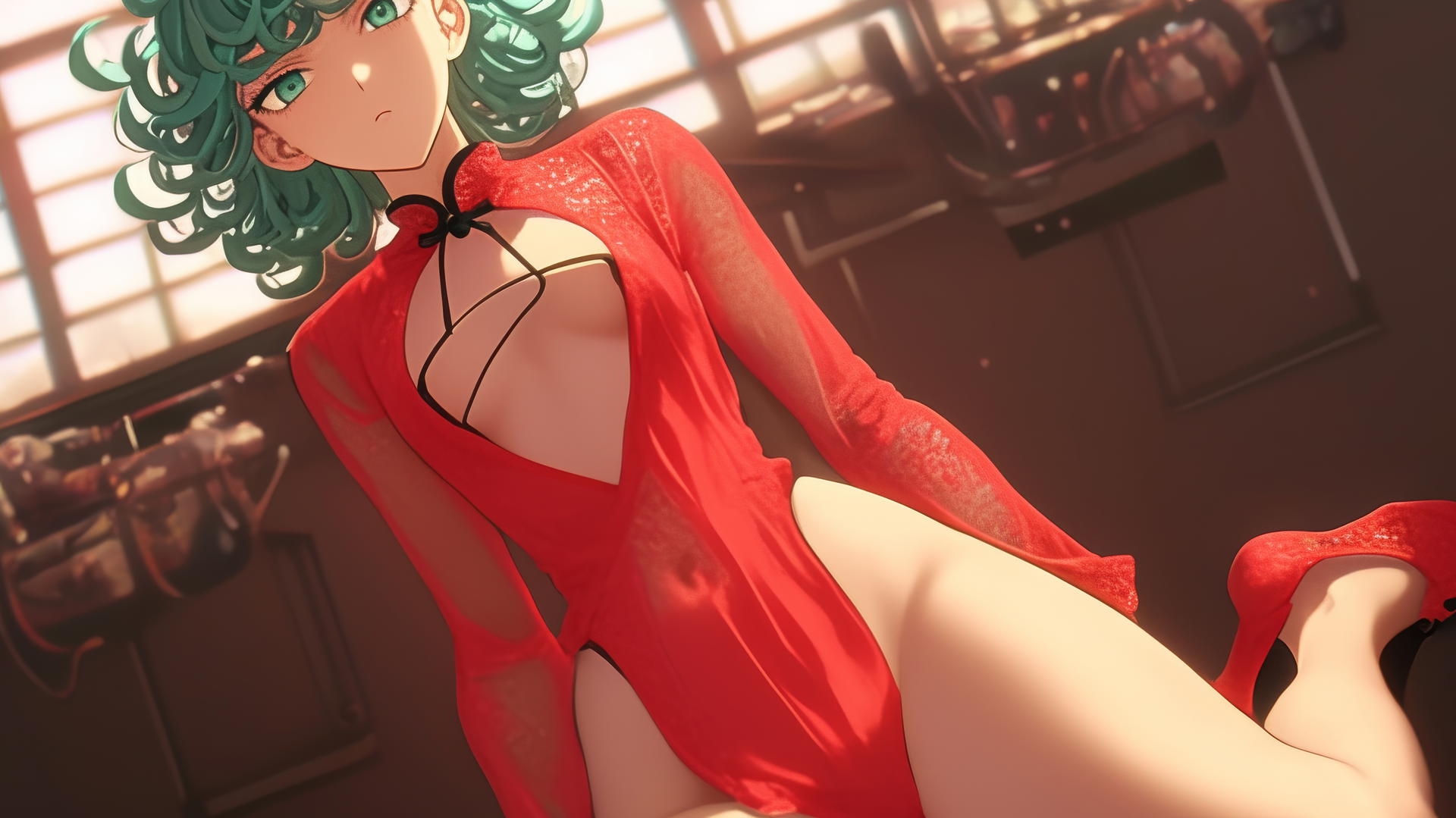 Tatsumaki from One-Punch Man, in a Christmas outfit, kneeling and leaning with emerald eyes and hair, seen from below, ceiling background.