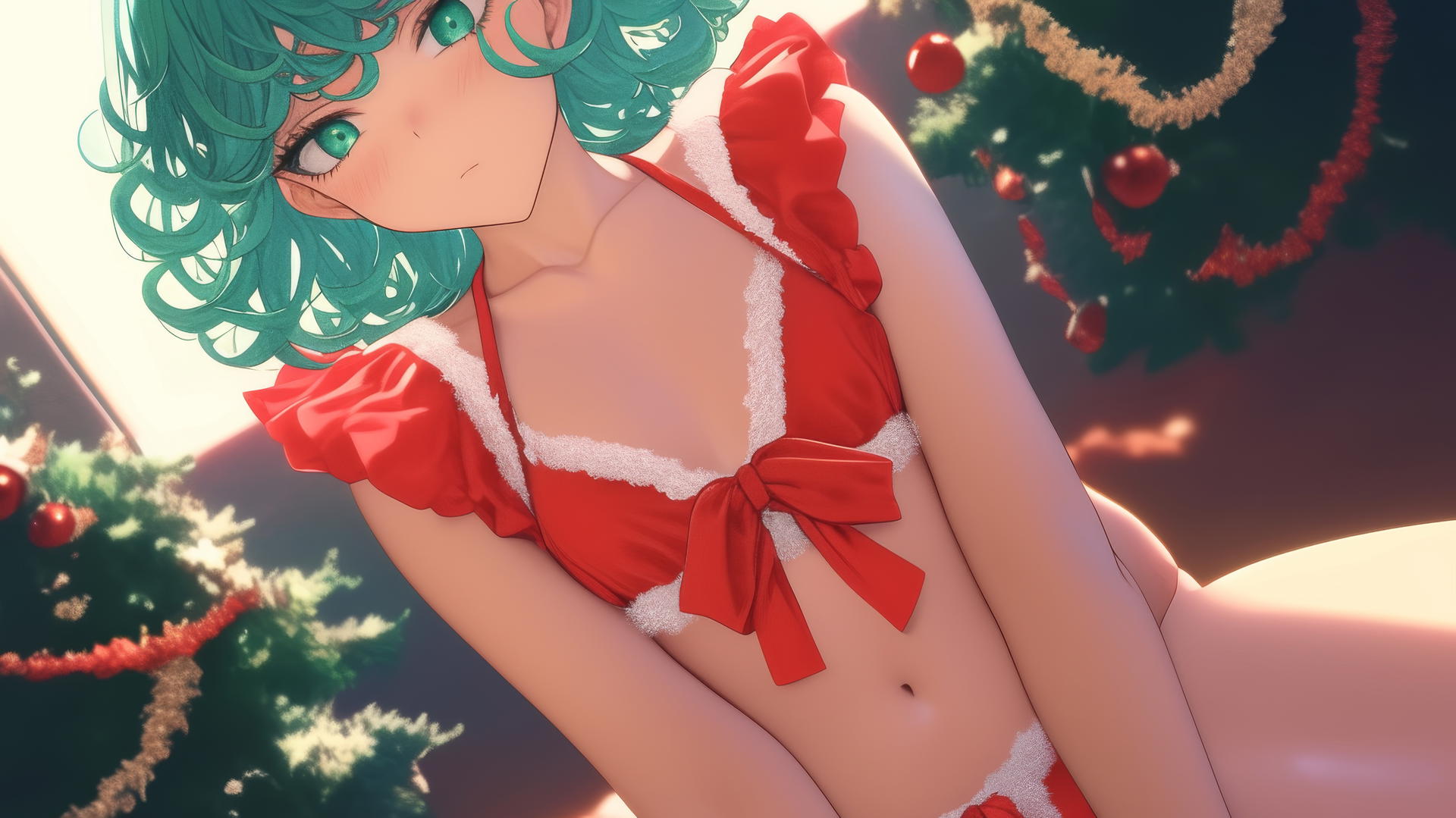 Tatsumaki from One-Punch Man in a red Christmas outfit, kneeling and leaning, with emerald green eyes and hair, warm light casting a glow.
