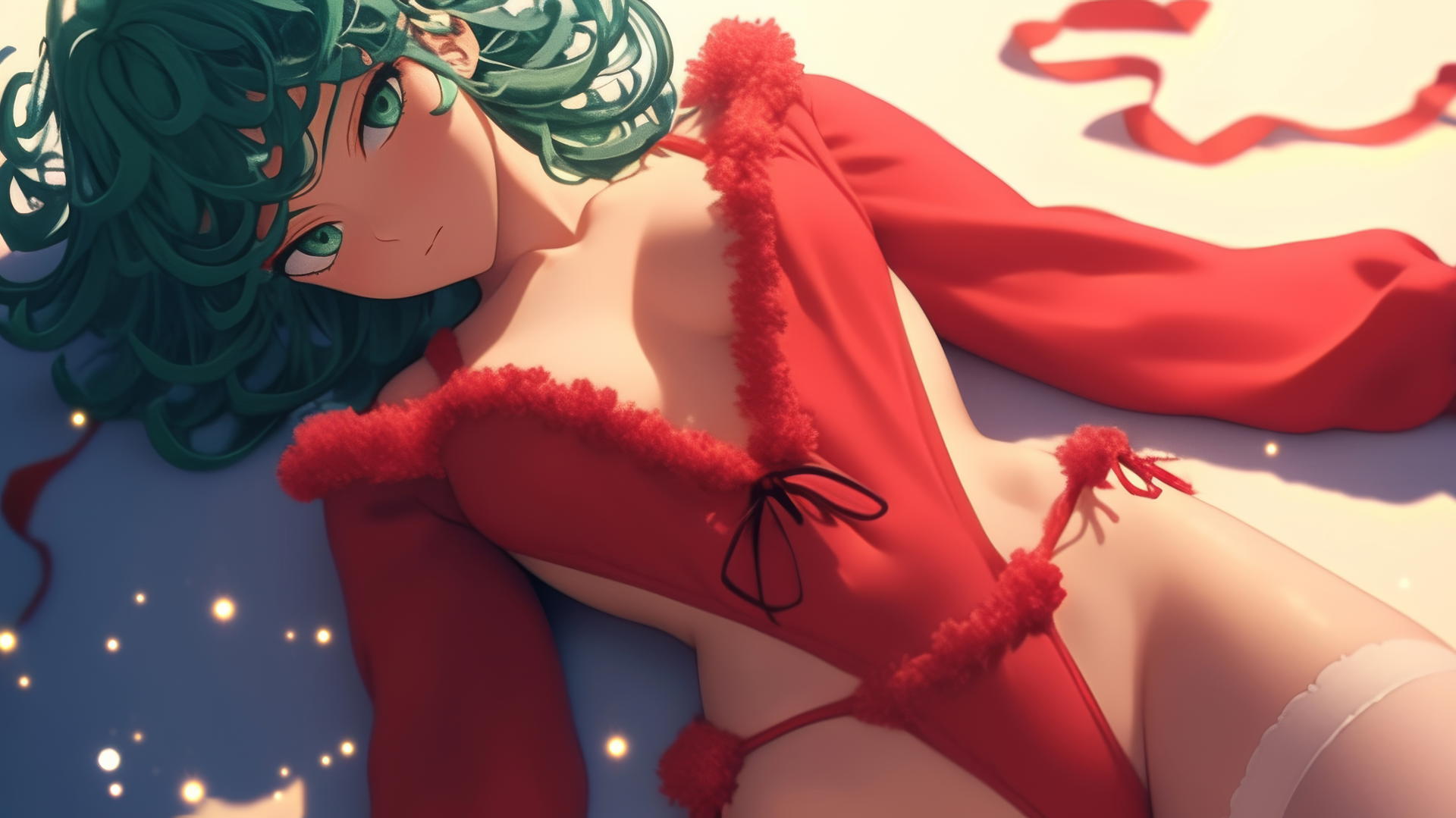 Tatsumaki from One-Punch Man kneeling, leaning forward with emerald green eyes and hair