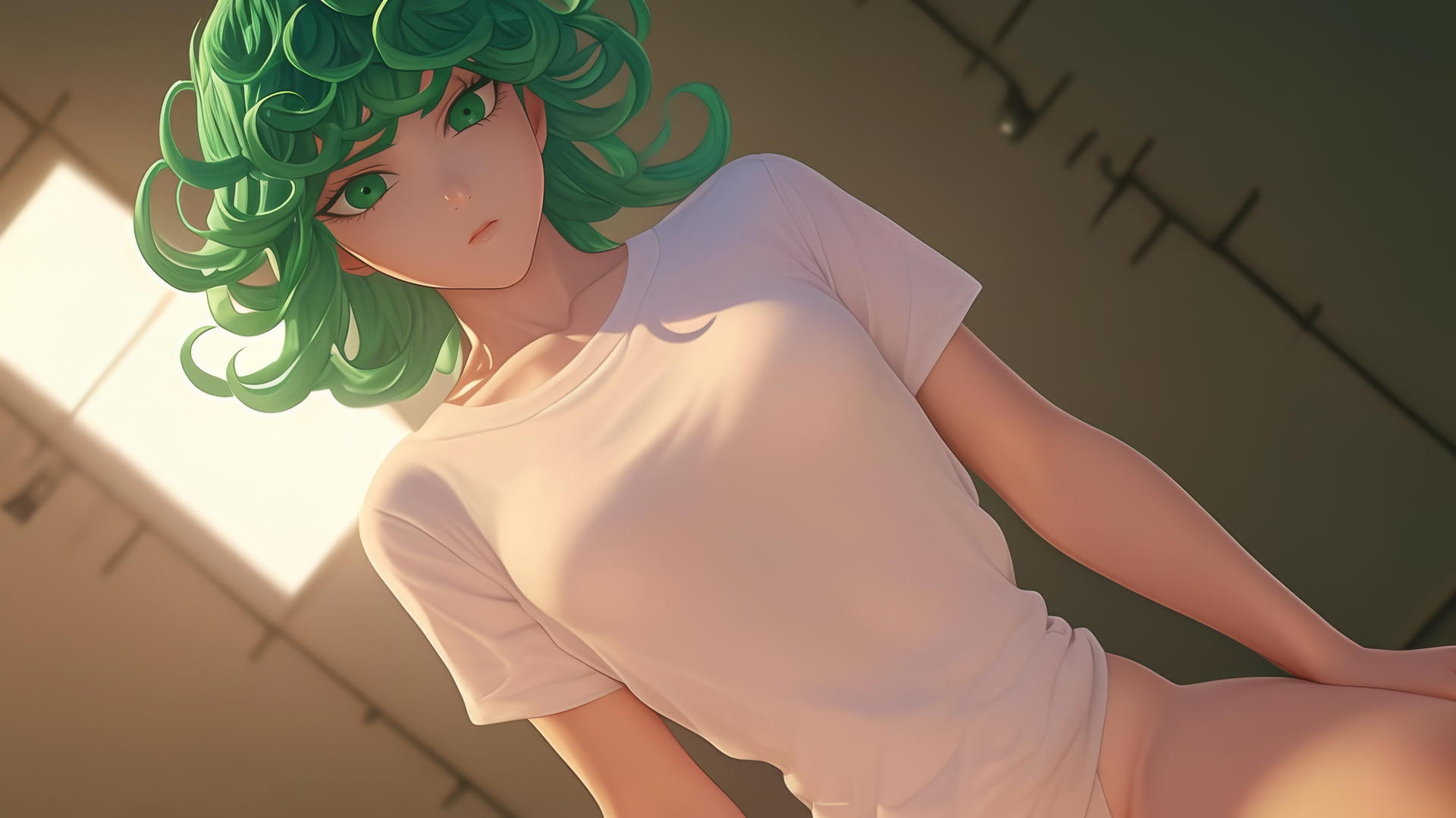Tatsumaki from One-Punch Man kneeling and leaning, seen from below, white t-shirt, emerald green hair and eyes, ceiling background, warm light glow.