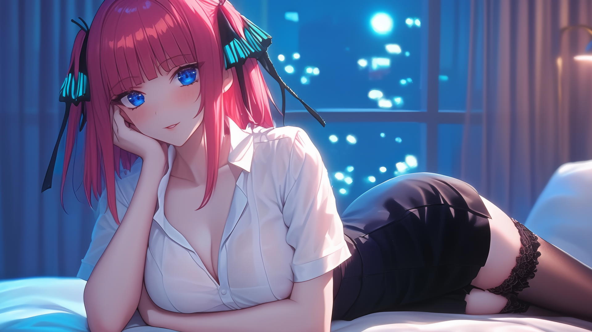 Nino Nakano wearing JK uniform in a modern hotel room, moonlight glow, dark blue eyes, reddish pink hair.