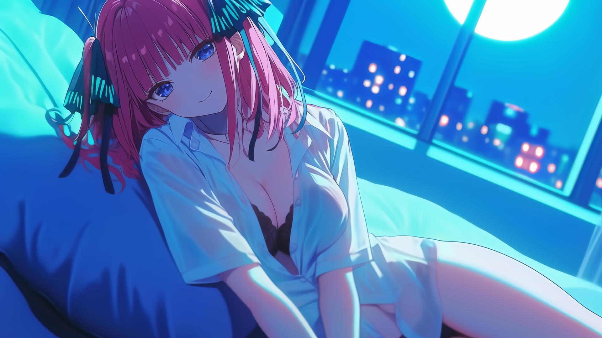 Nino Nakano in a JK uniform rests in a modern hotel room under moonlight.