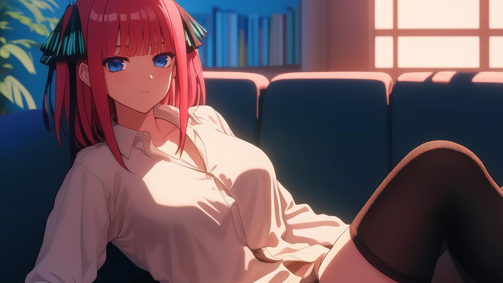 Nino Nakano in a JK uniform, resting in a modern hotel room under moonlight.