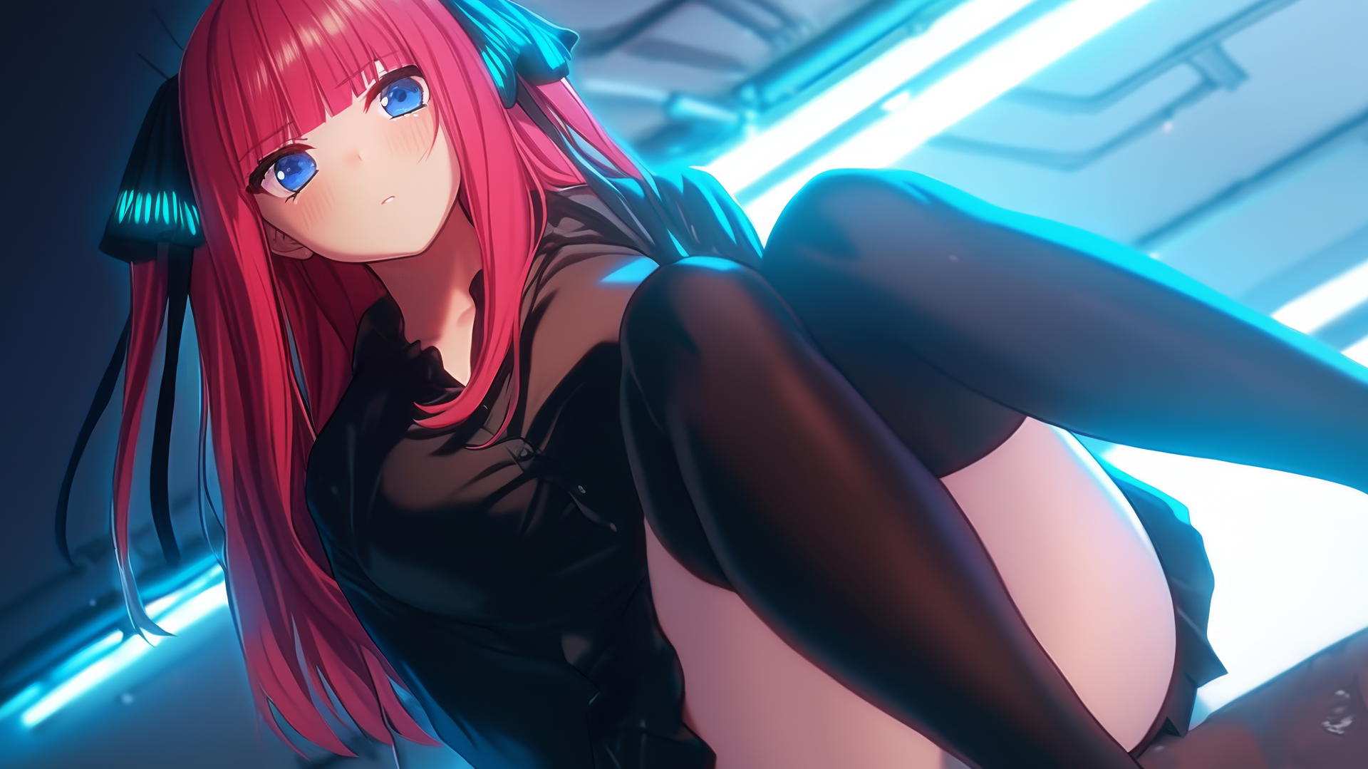 Nino Nakano in a JK uniform kneeling and leaning forward with dark blue eyes and reddish pink hair, under warm light, ceiling in the background.