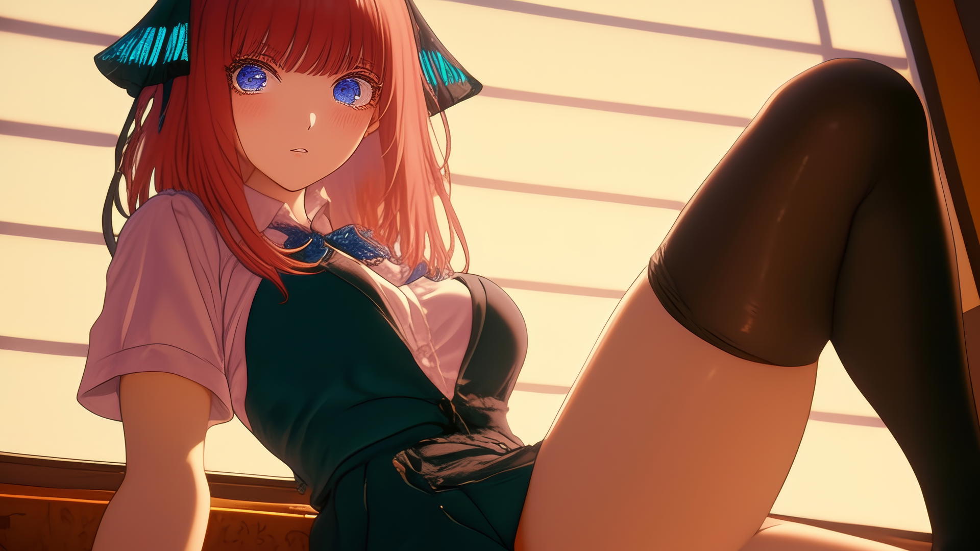 Nino Nakano in JK uniform kneeling and leaning forward with dark blue eyes and reddish pink hair.