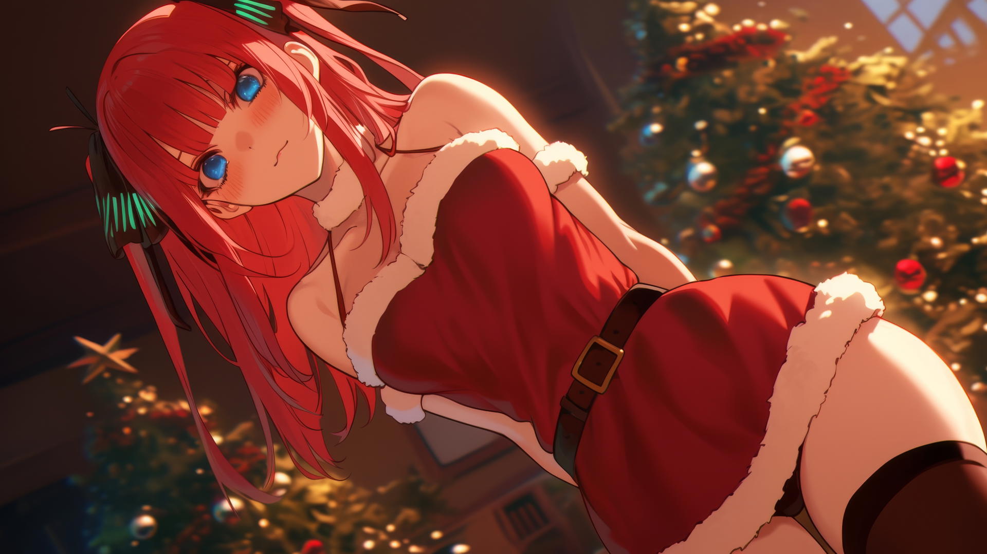 Nino Nakano in Christmas outfit kneeling and leaning forward with dark blue eyes and reddish pink hair against a ceiling background.