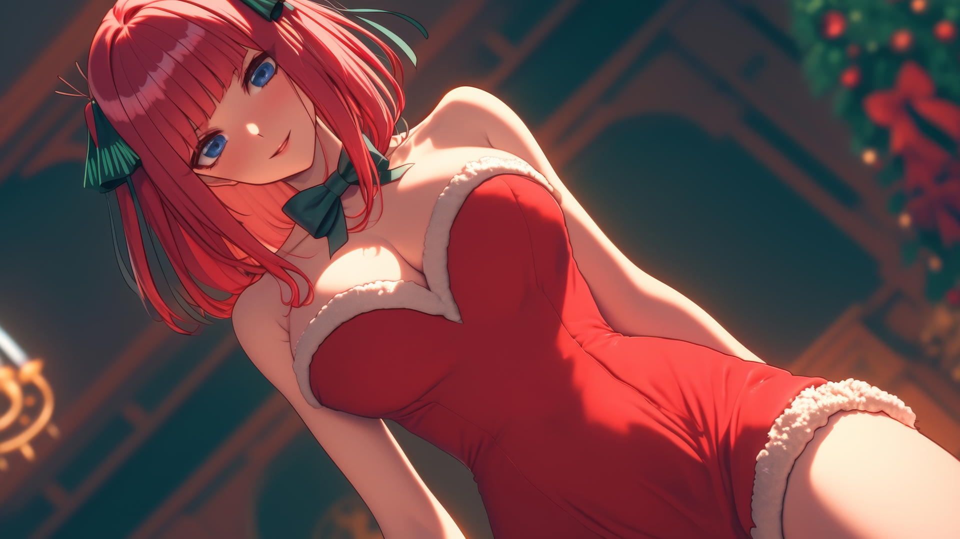 Nino Nakano in Christmas red, kneeling, leaning forward, with warm light glow.