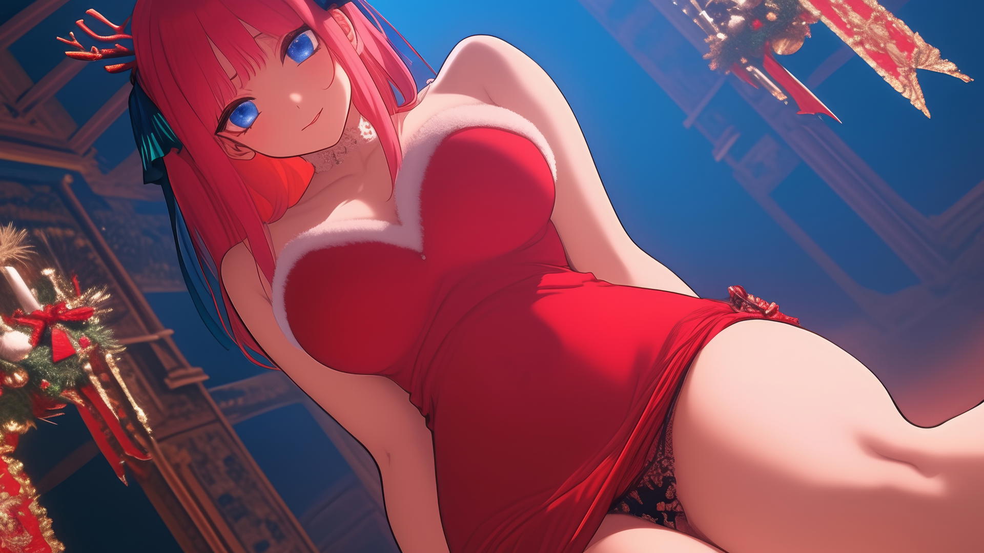 Nino Nakano with reddish pink hair and dark blue eyes in a Christmas outfit, kneeling with legs lifted.