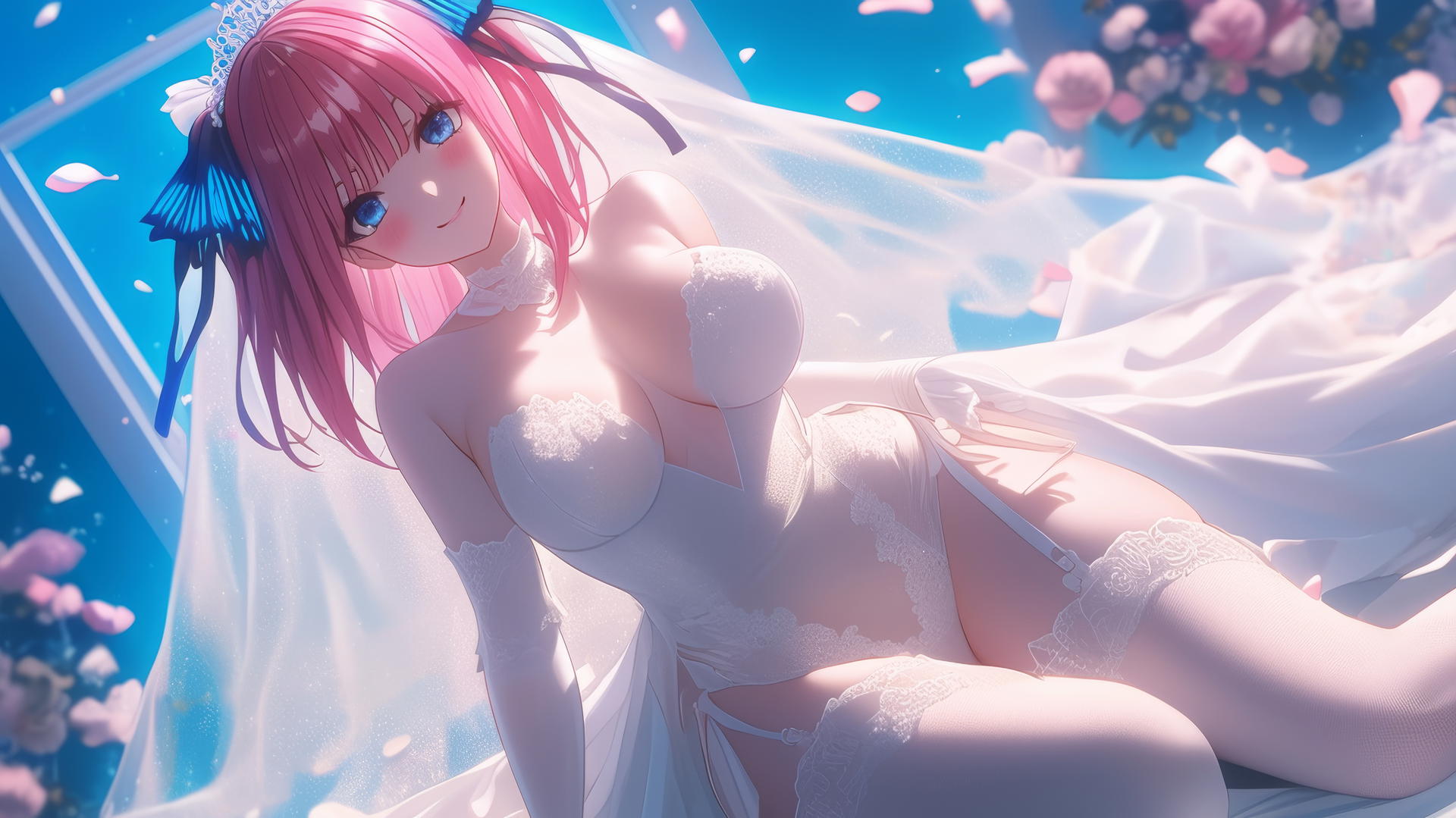 Nino Nakano in a wedding dress leaning forward, with dark blue eyes and reddish pink hair.