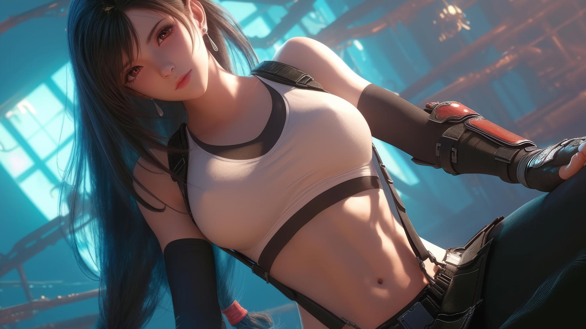Tifa Lockhart kneeling, leaning down with a warm glow and ceiling in the background.