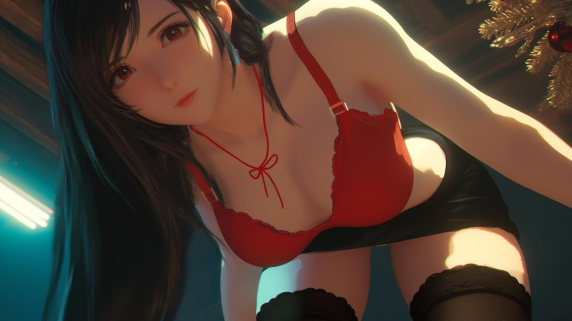 Tifa Lockhart in a red Christmas outfit, kneeling and leaning forward with warm lighting.