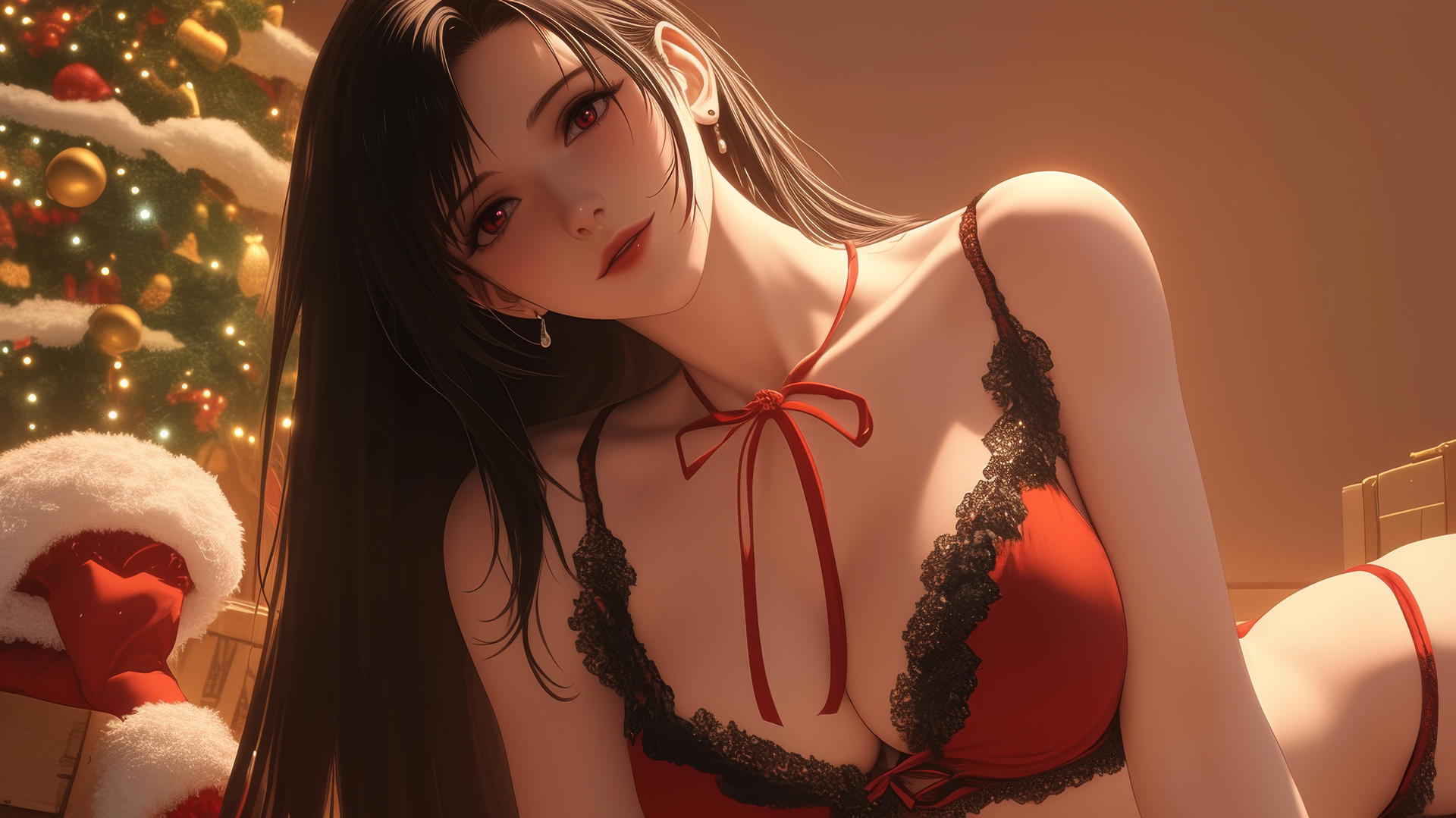 Tifa Lockhart in Christmas red, kneeling and leaning with soft glow, ceiling background