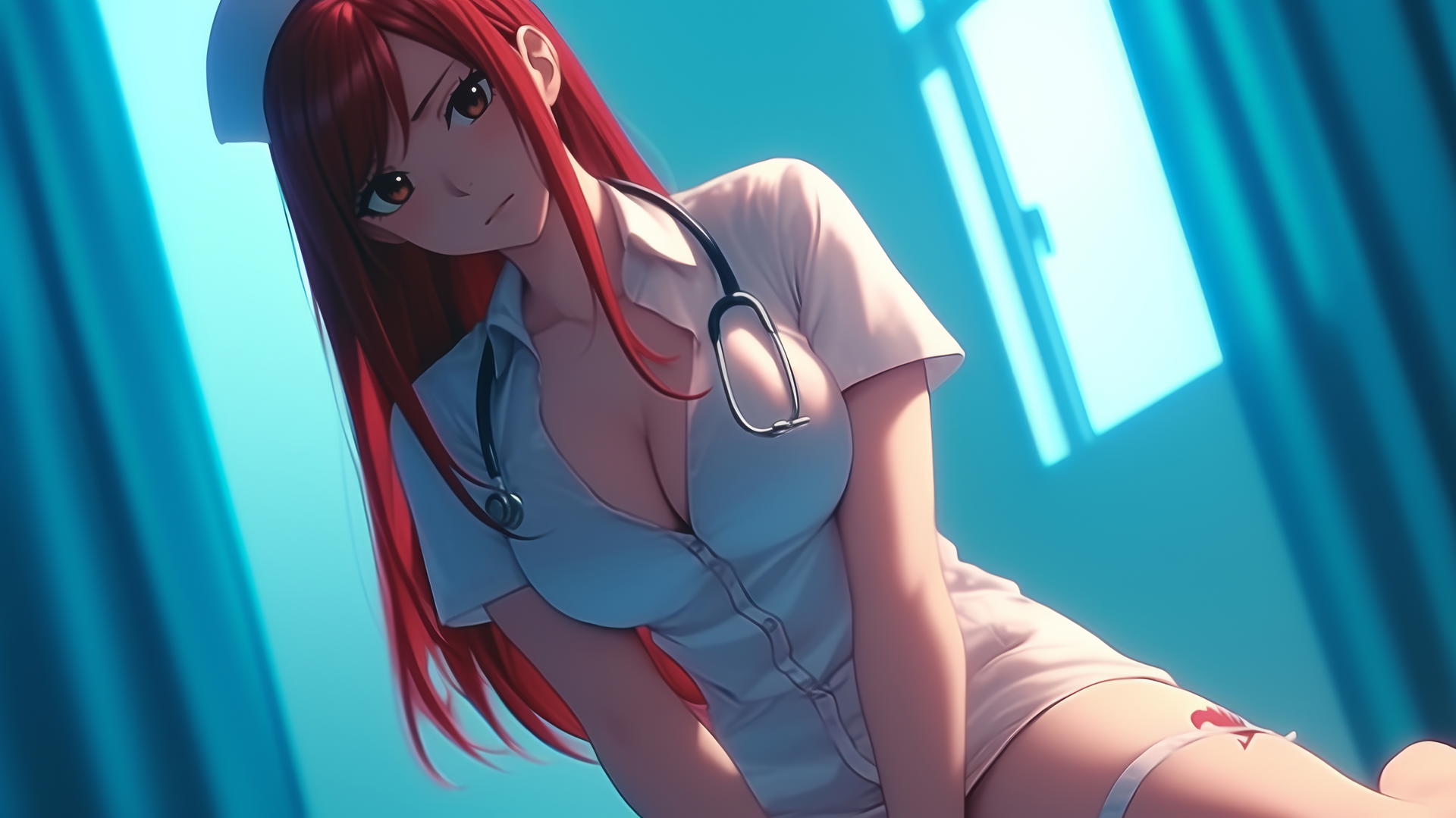Nurse Erza Scarlet from Fairy Tail with scarlet hair and brown eyes, leaning and looking down.