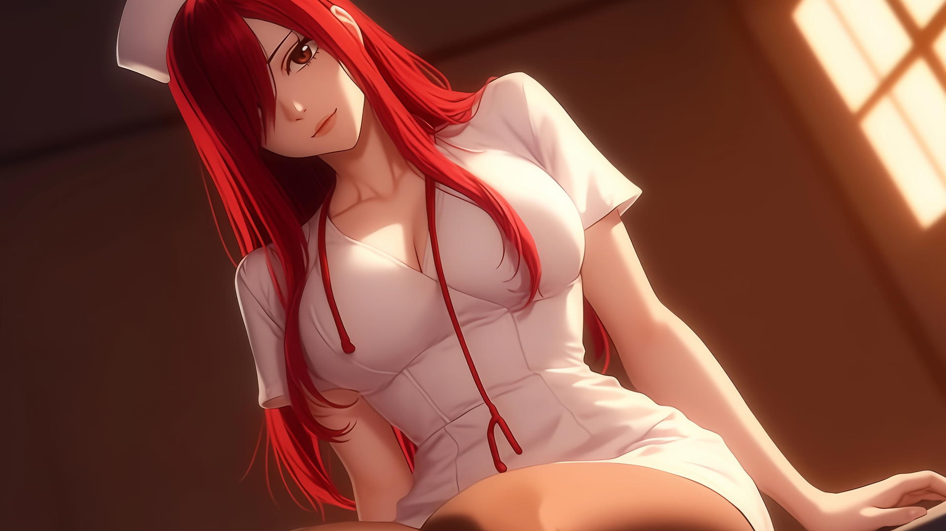 Erza Scarlet as a nurse leaning toward viewer with warm light and ceiling background