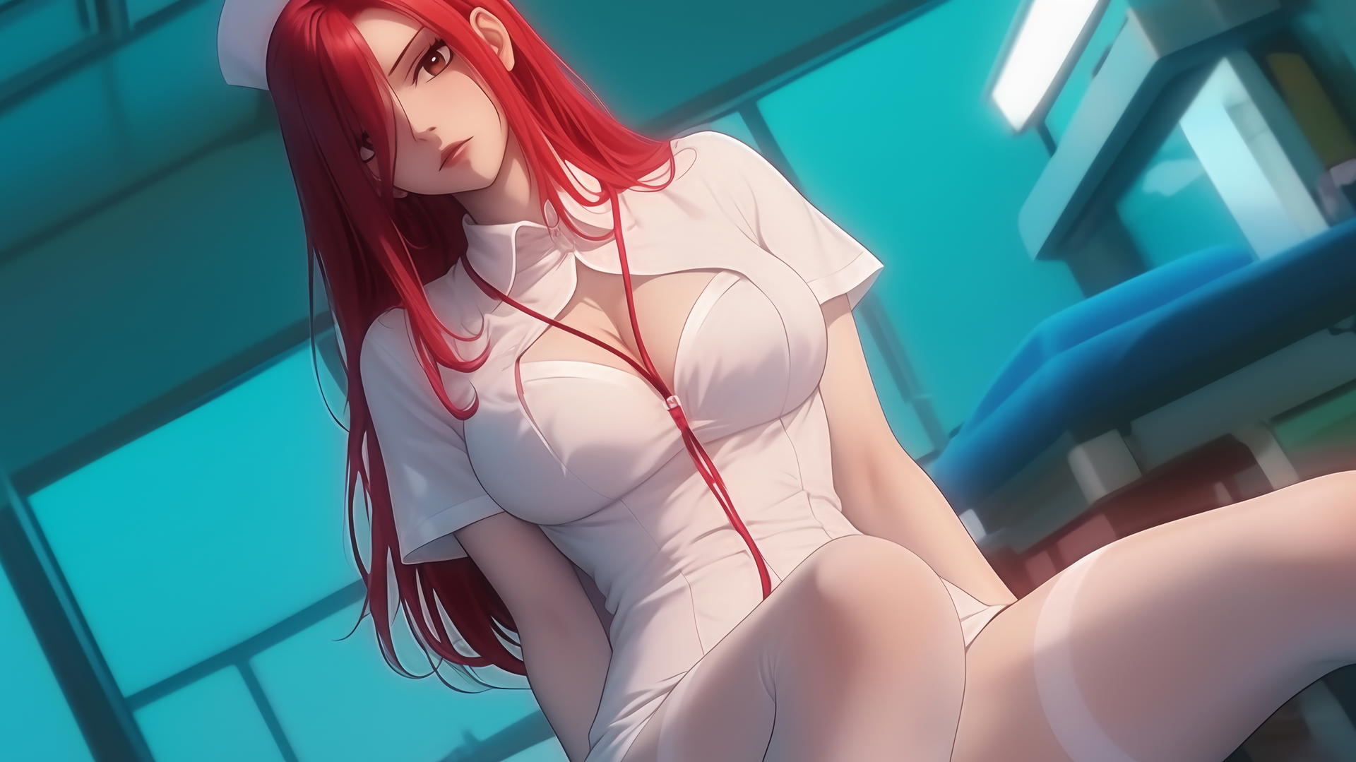 Erza Scarlet in a nurse outfit kneeling, with warm light, scarlet hair, and brown eyes.