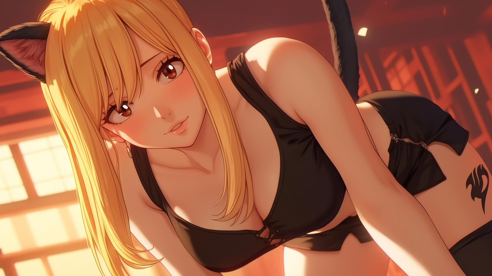 Lucy Heartfilia as a cat girl looking down, warm light on ceiling background