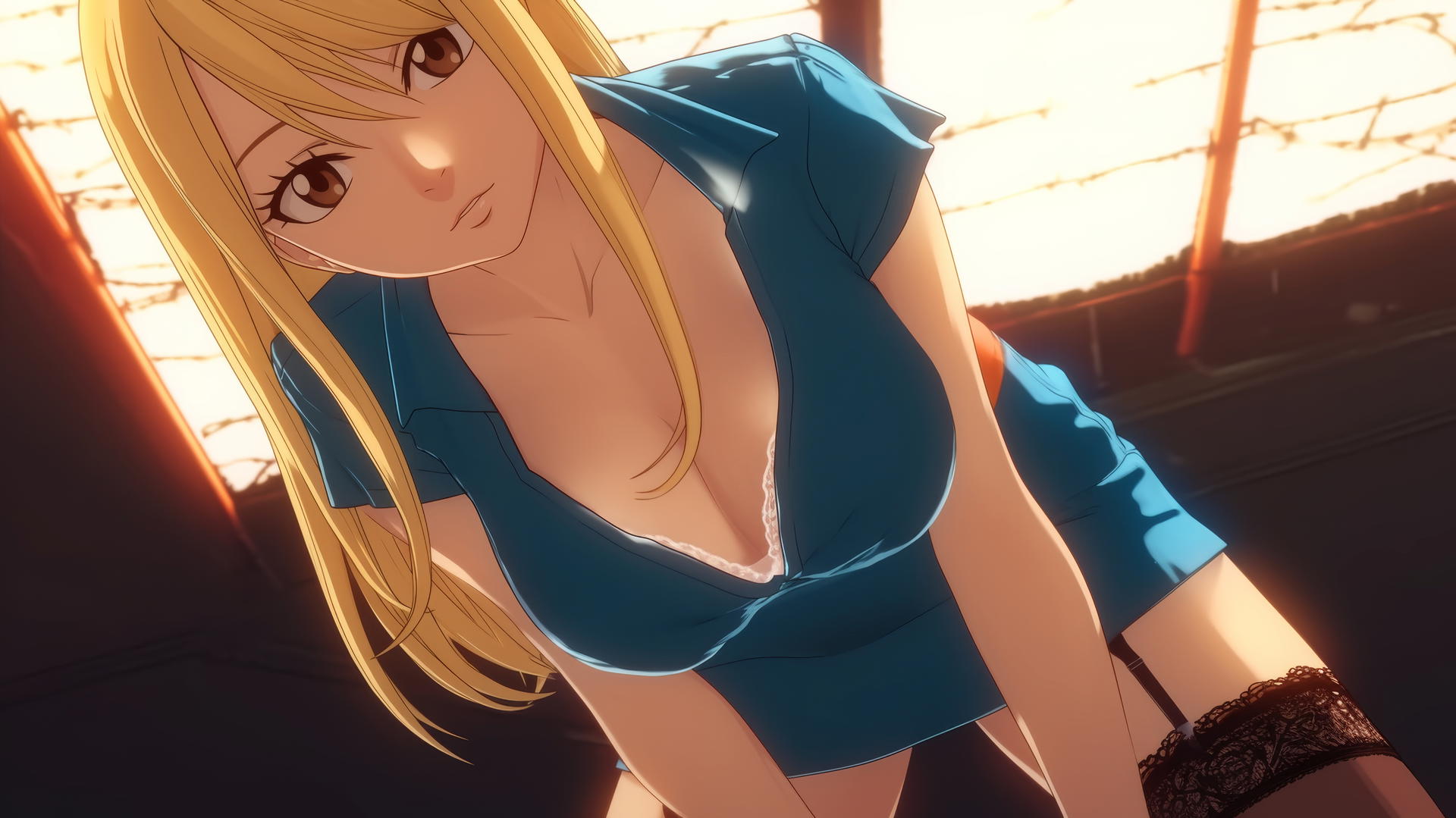 Lucy Heartfilia as a nurse, kneeling, looking down, warm light, ceiling background