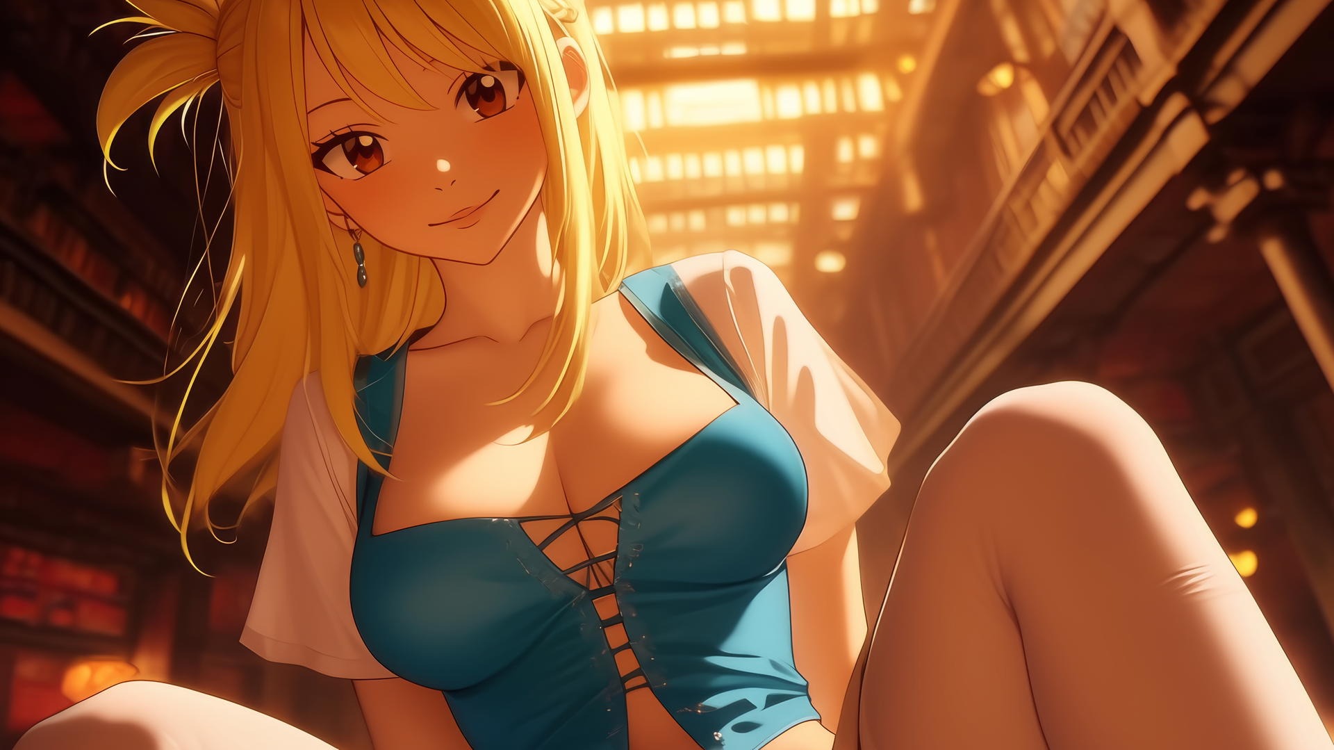 Lucy Heartfilia as a nurse, blonde hair, brown eyes, warm light, ceiling background.