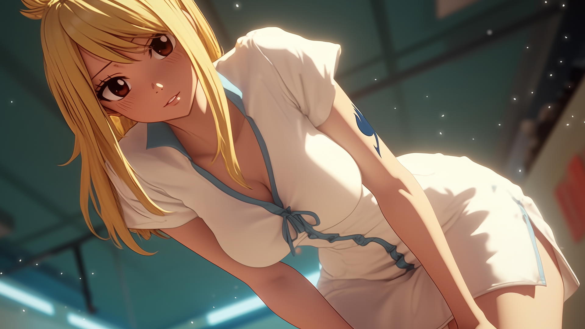 Lucy Heartfilia, dressed as a nurse in white, leaning and looking down, with the ceiling in the background.