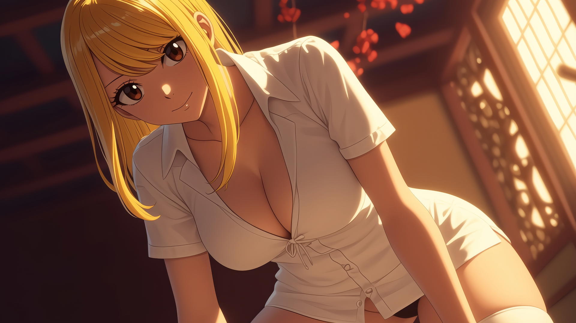 Lucy Heartfilia in a nurse's outfit, kneeling and leaning forward, seen from below.