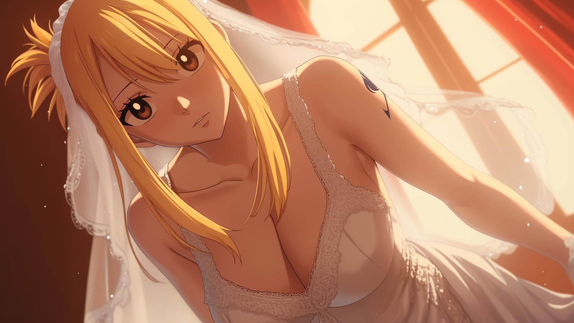 Lucy Heartfilia kneeling in a wedding dress, leaning forward with warm light