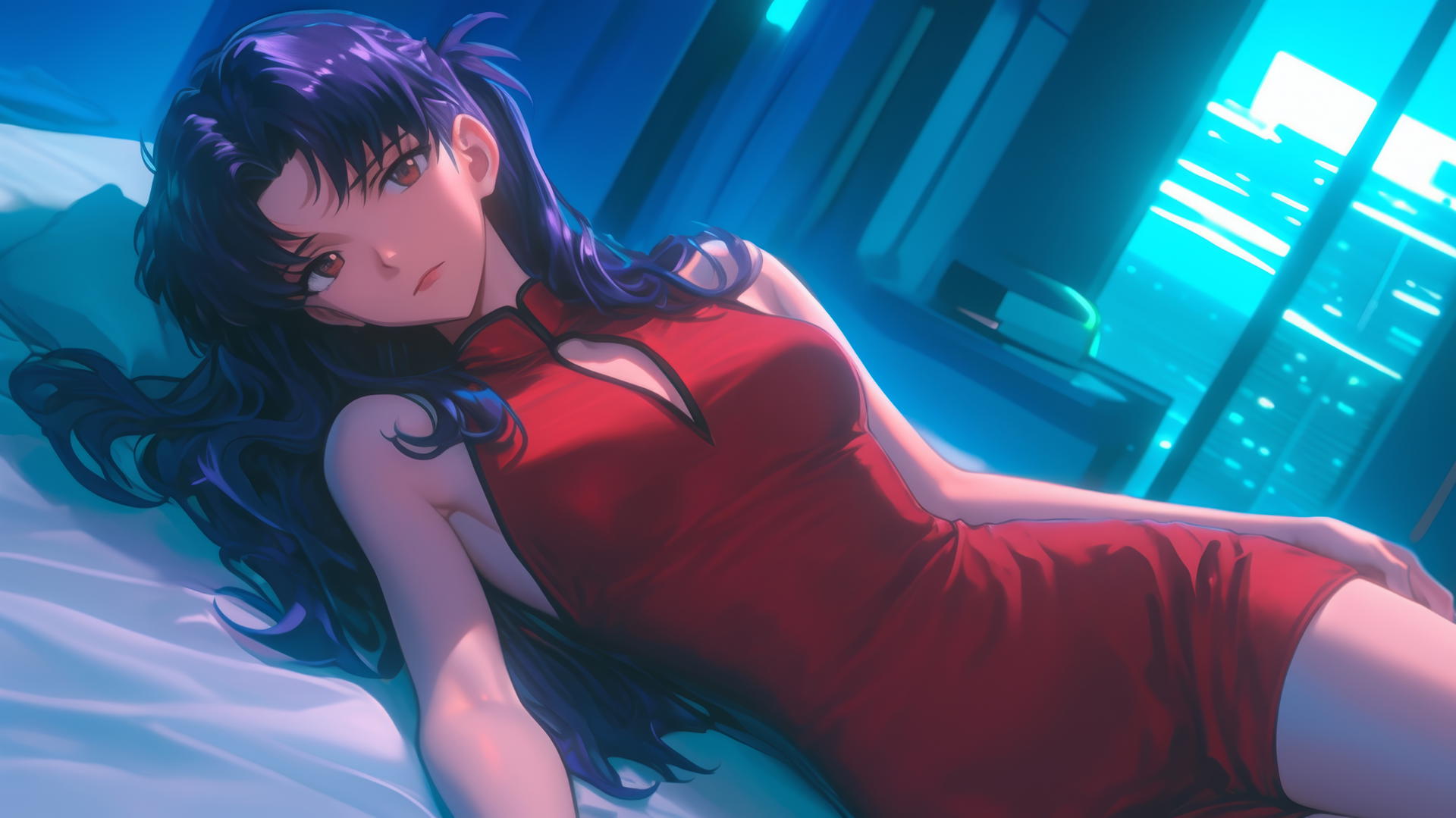 Misato Katsuragi with wavy dark violet hair in a modern hotel room illuminated by moonlight.