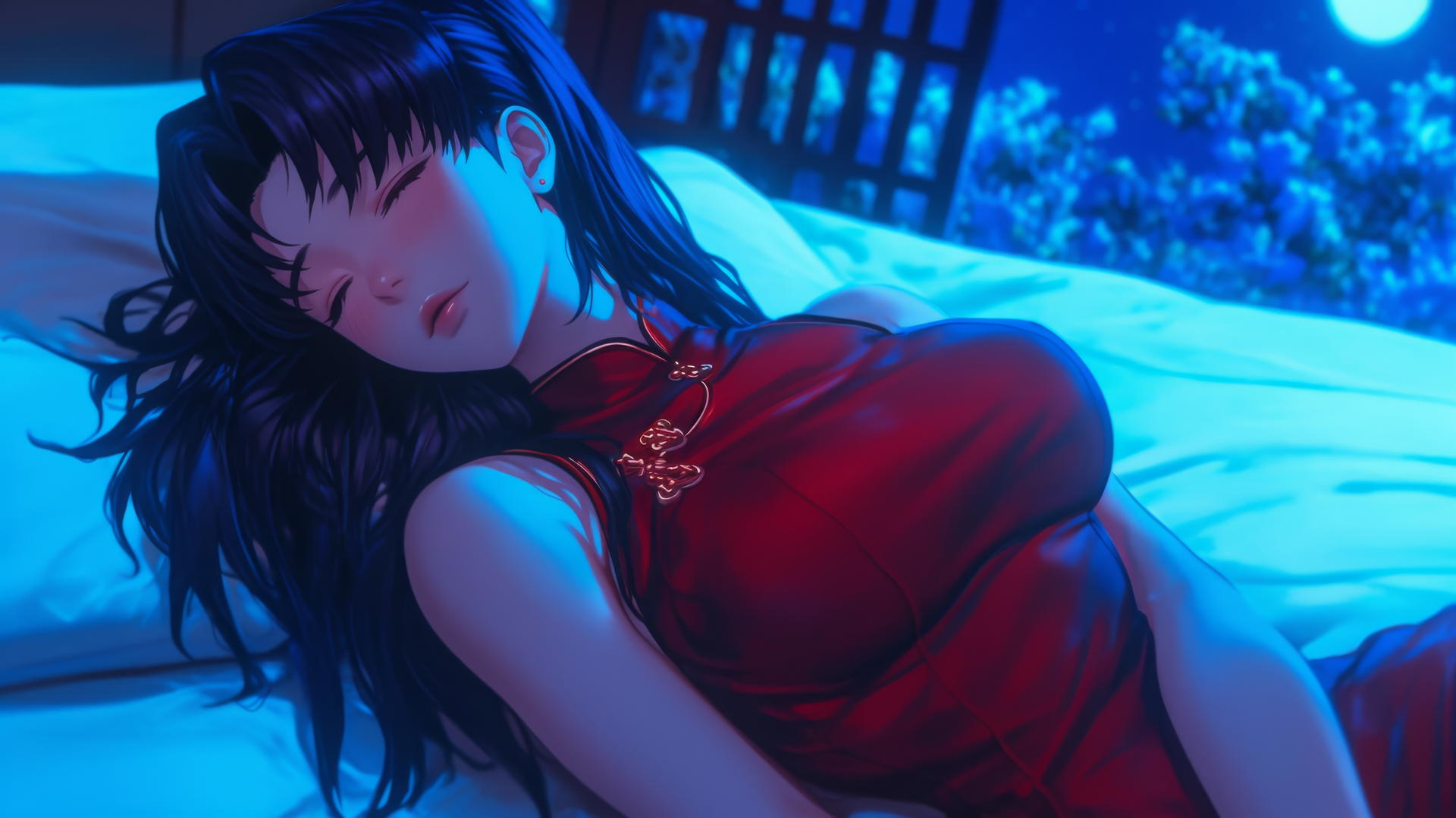 Misato Katsuragi with dark violet hair and brown eyes resting in a moonlit modern hotel room.