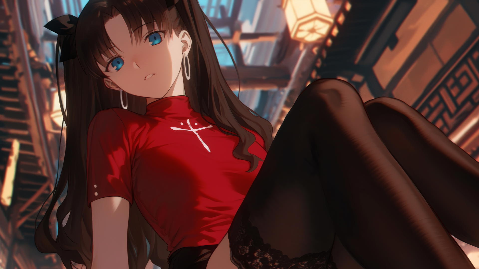 Rin Tohsaka from Fate stay night, kneeling and leaning forward, seen from below, warm light glow.