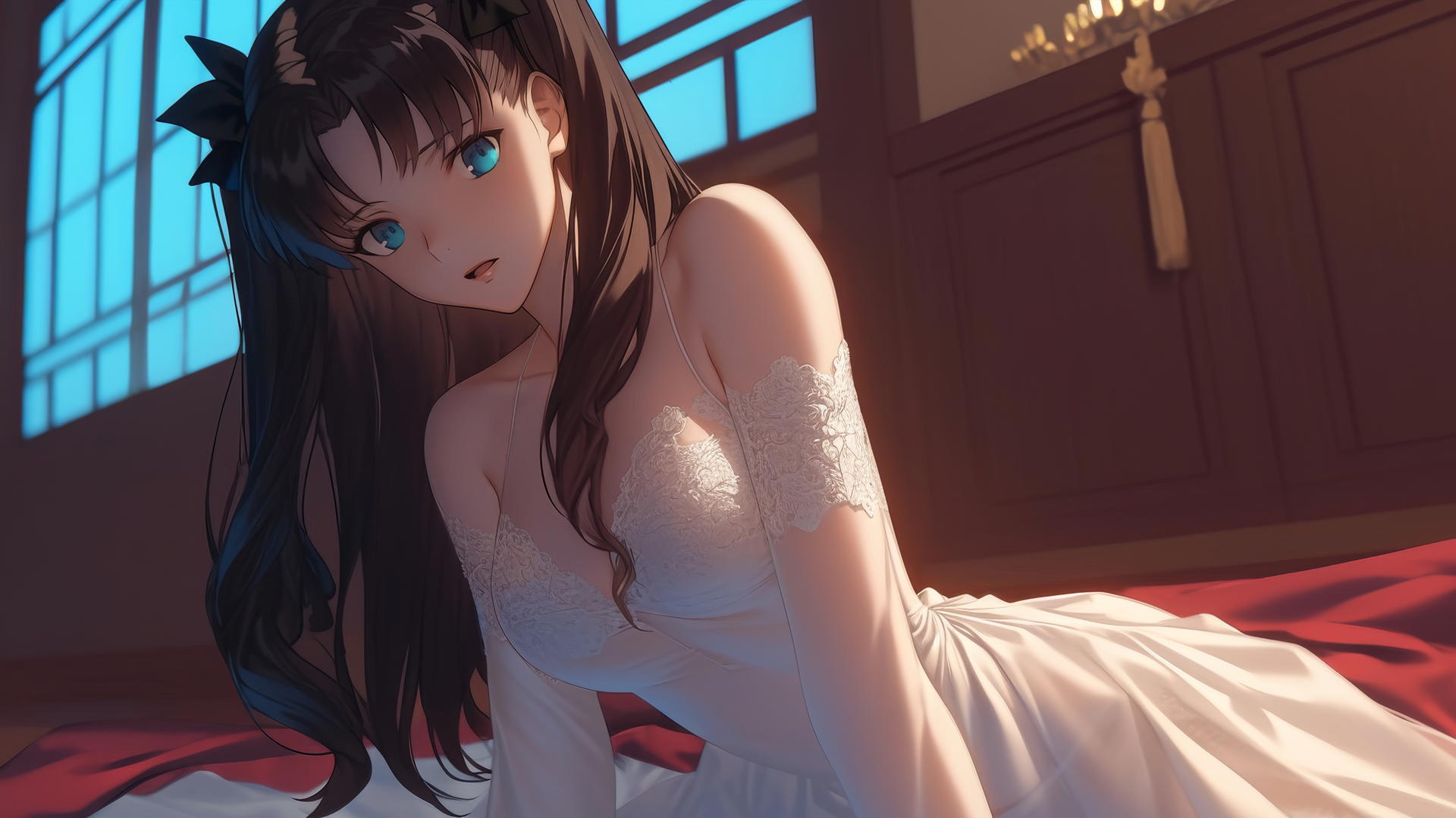 Rin Tohsaka from Fate Stay Night in wedding dress, kneeling and leaning forward, warm light