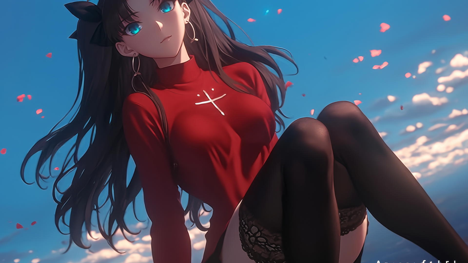 Rin Tohsaka kneeling and leaning with warm light, seen from below, ceiling as background