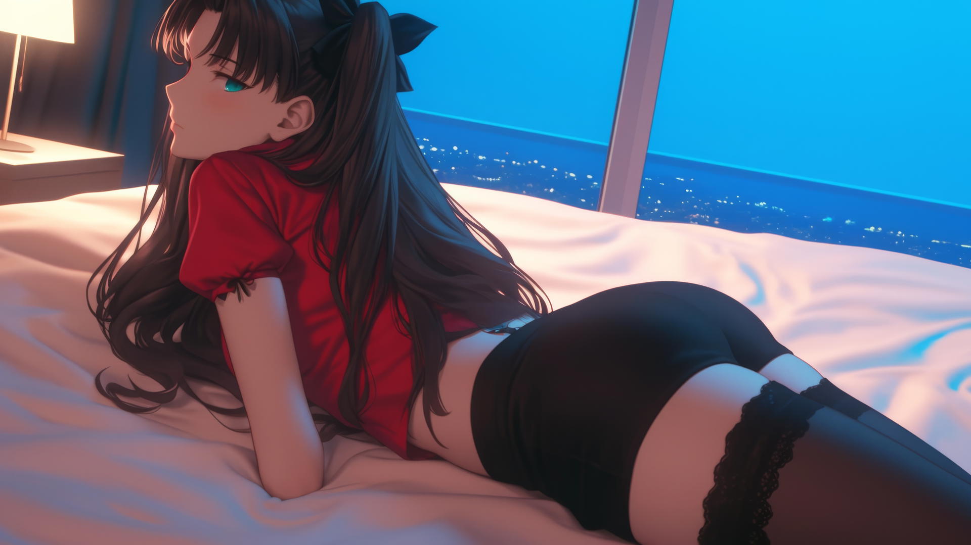 Rin Tohsaka from Fate Stay Night lying leisurely in a modern hotel room with moonlight on her back and legs