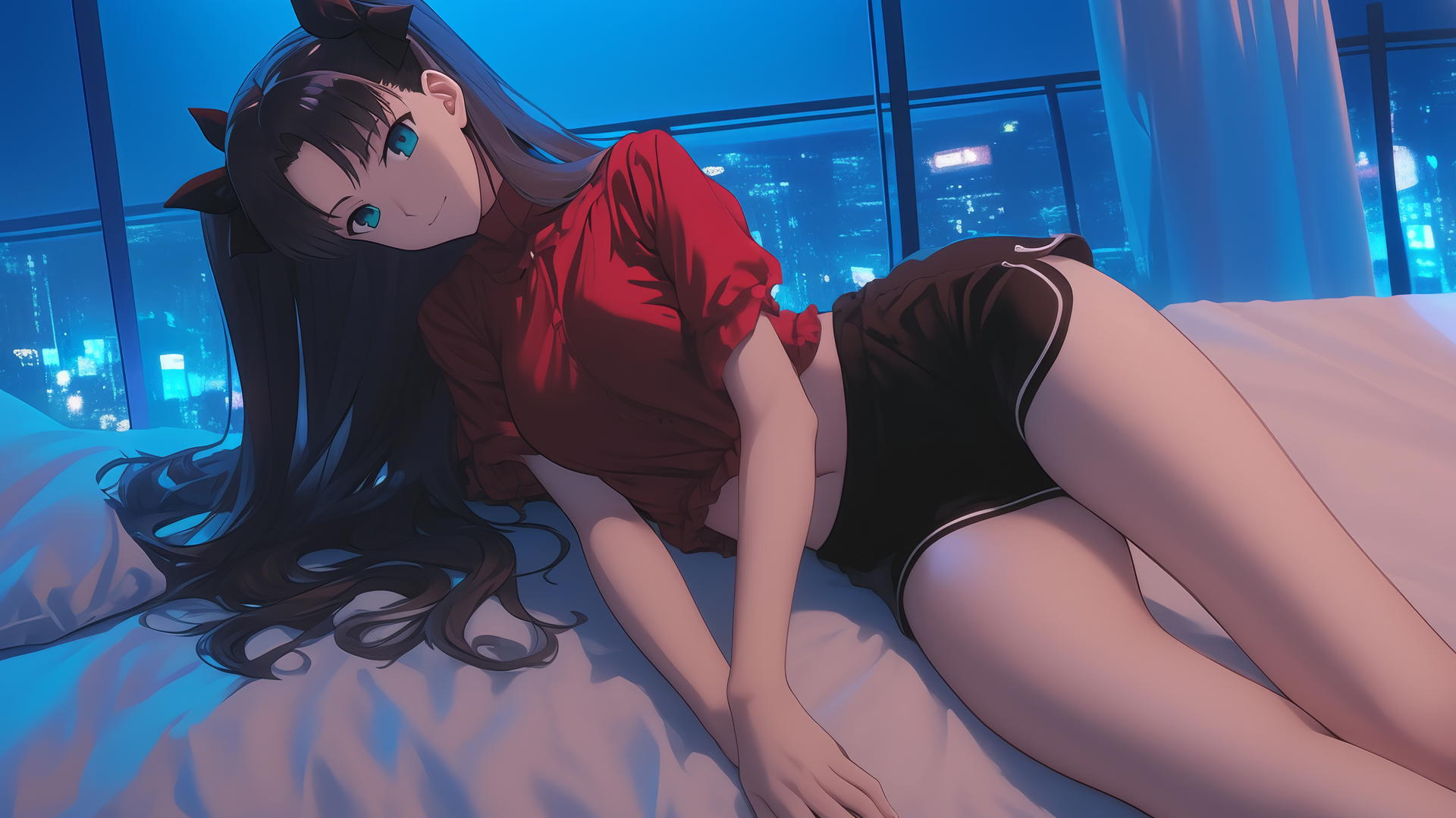 Rin Tohsaka from Fate/stay night lying in a modern hotel room with moonlight casting a soft glow.