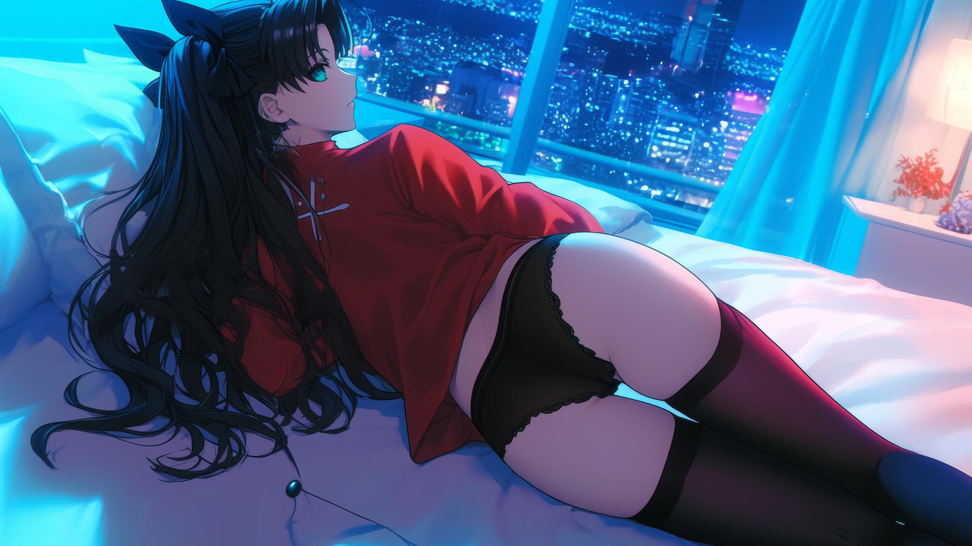 Rin Tohsaka from Fate stay night lying in a modern hotel room, moonlight on her back.