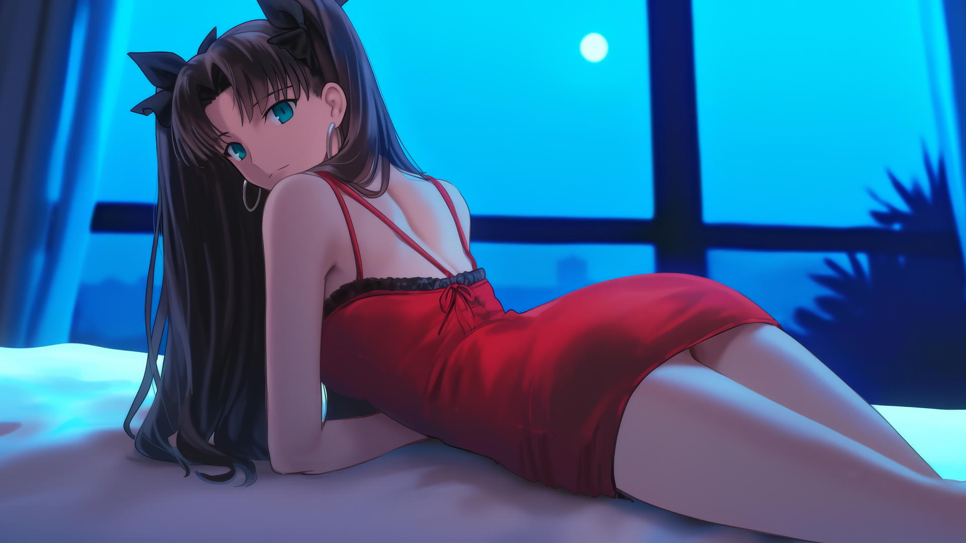 Rin Tohsaka lying down in a modern hotel room, soft moonlight casting a glow on her back and legs.