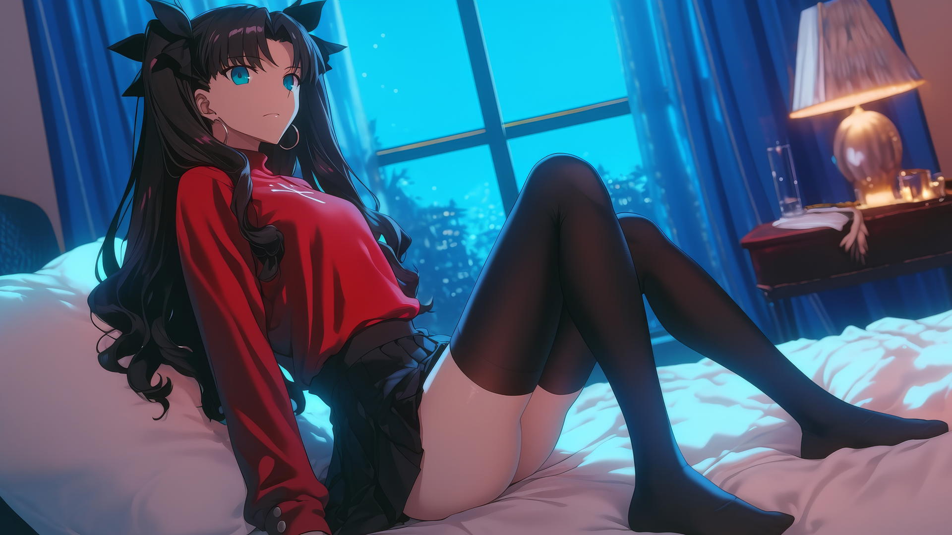 Rin Tohsaka lying in hotel room under moonlight